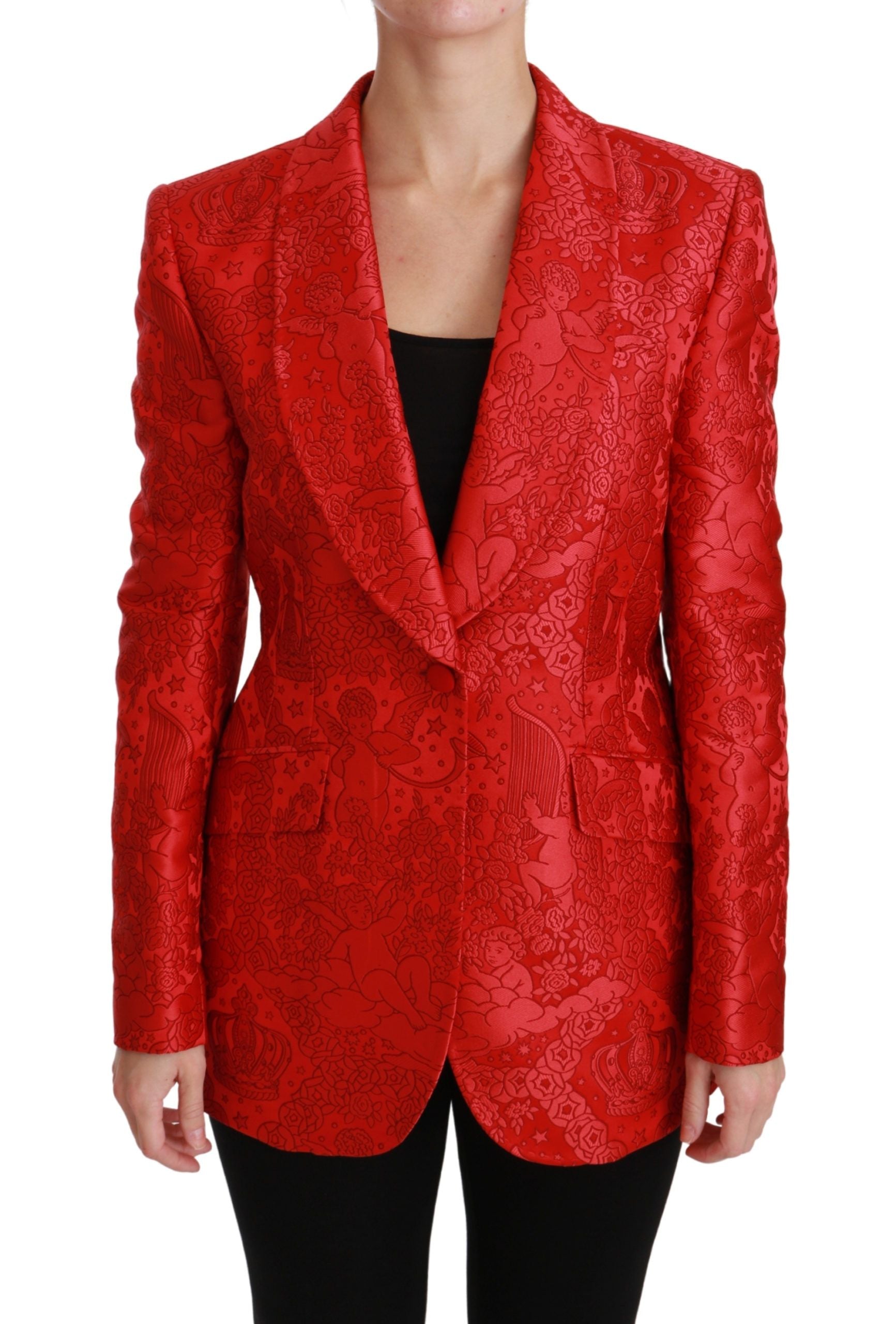 Blazer rouge floral Dolce & Gabbana pour femme, veste élégante avec motif d'anges et détails floraux.