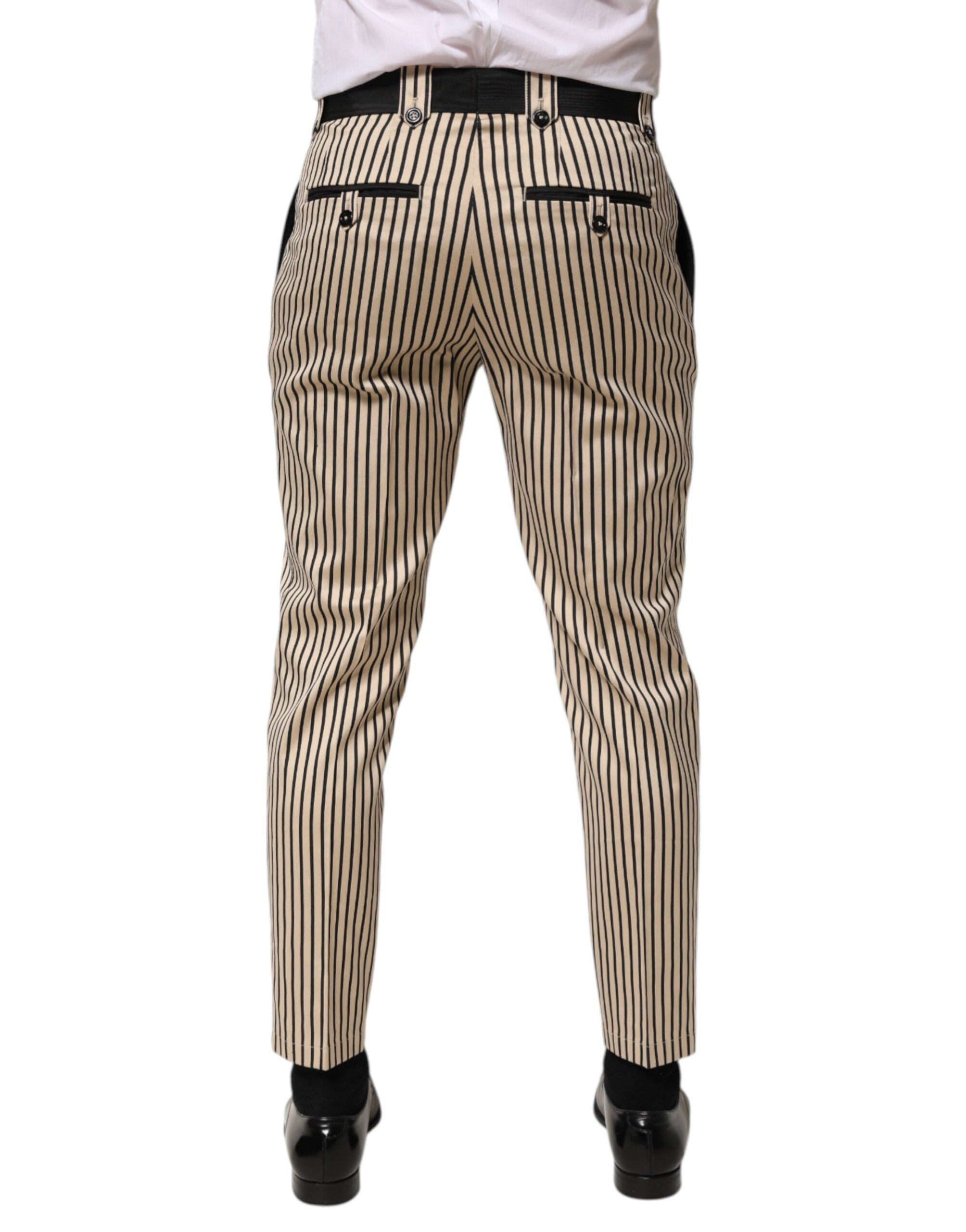 Pantalon slim en coton à rayures beige et noir de Dolce & Gabbana, pantalon élégant pour homme.
