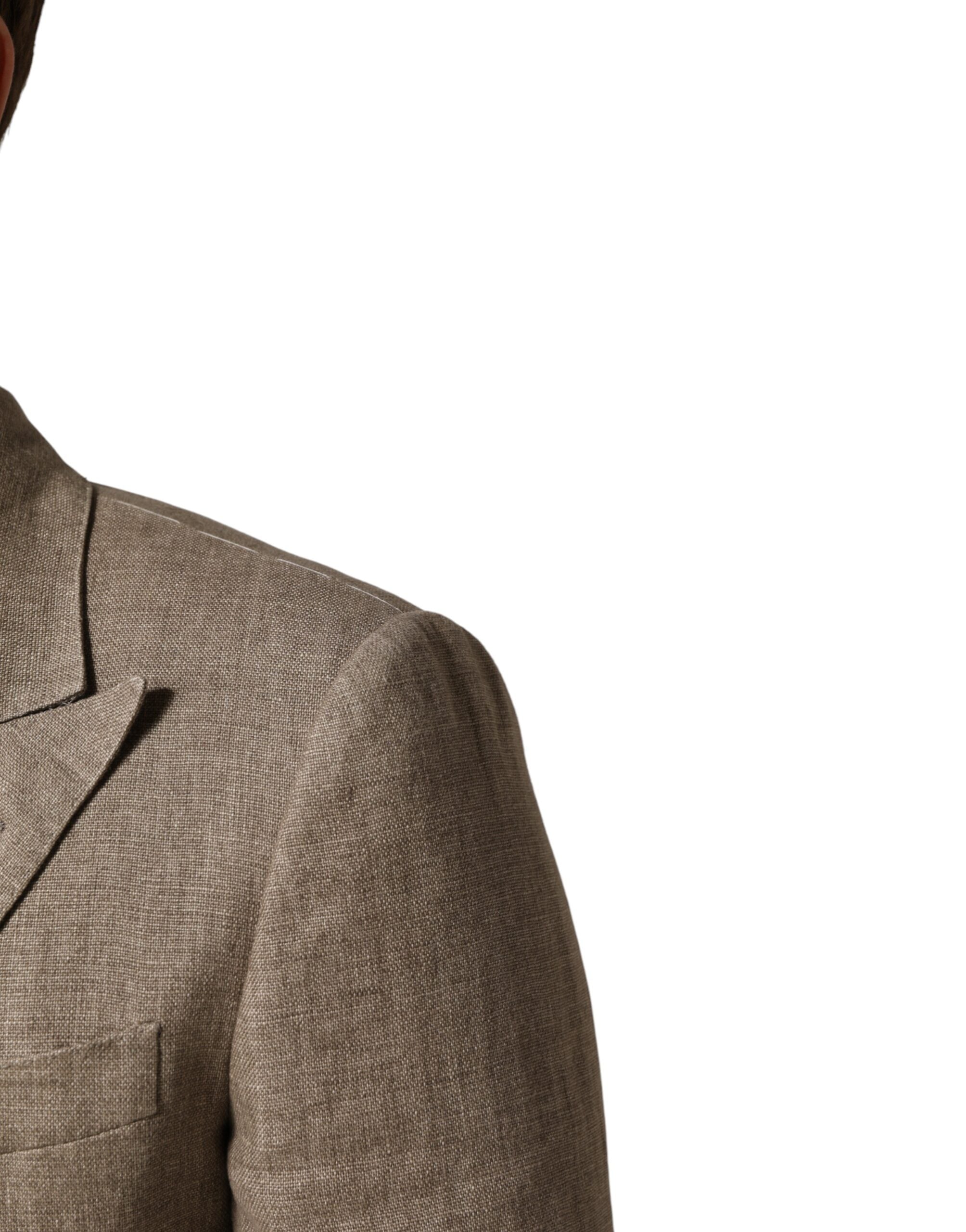 Costume homme beige en lin Dolce & Gabbana avec double boutonnage, costume deux pièces élégant et sophistiqué.