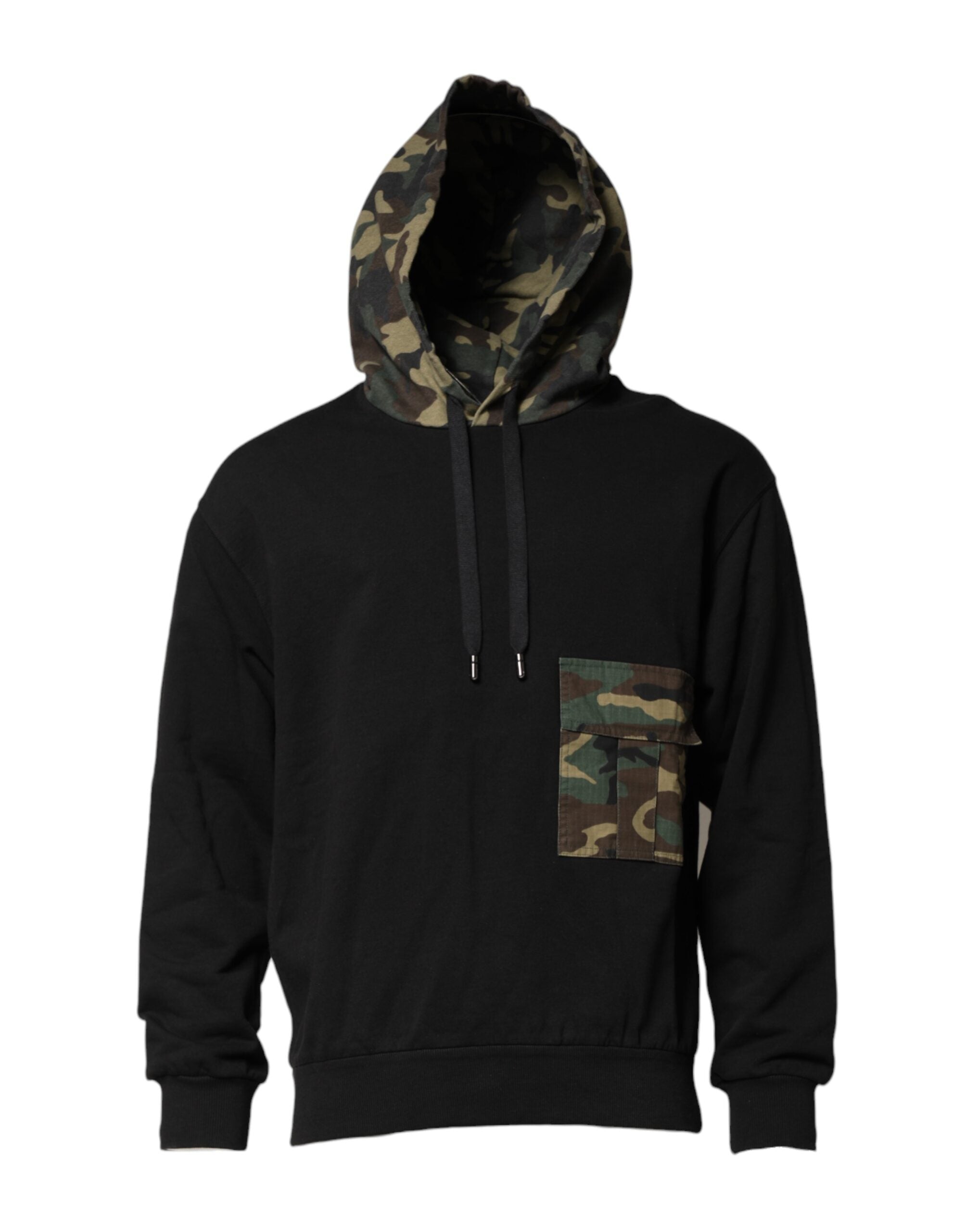 Sweat à capuche noir camouflage de Dolce & Gabbana, pull-over décontracté avec logo, visible sur l'image.