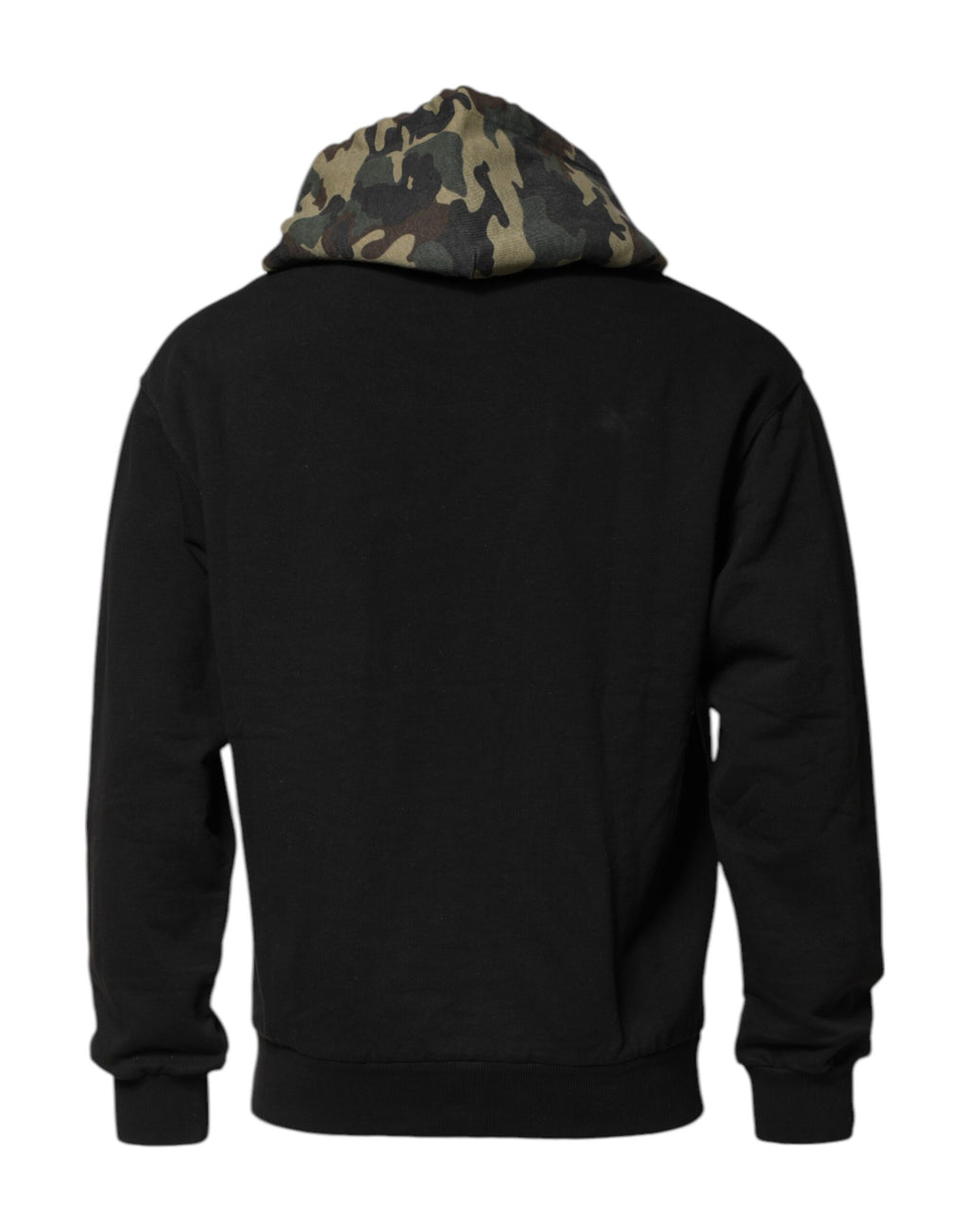 Sweat à capuche camouflage noire de Dolce & Gabbana, pull-over décontracté avec logo de la marque visible.