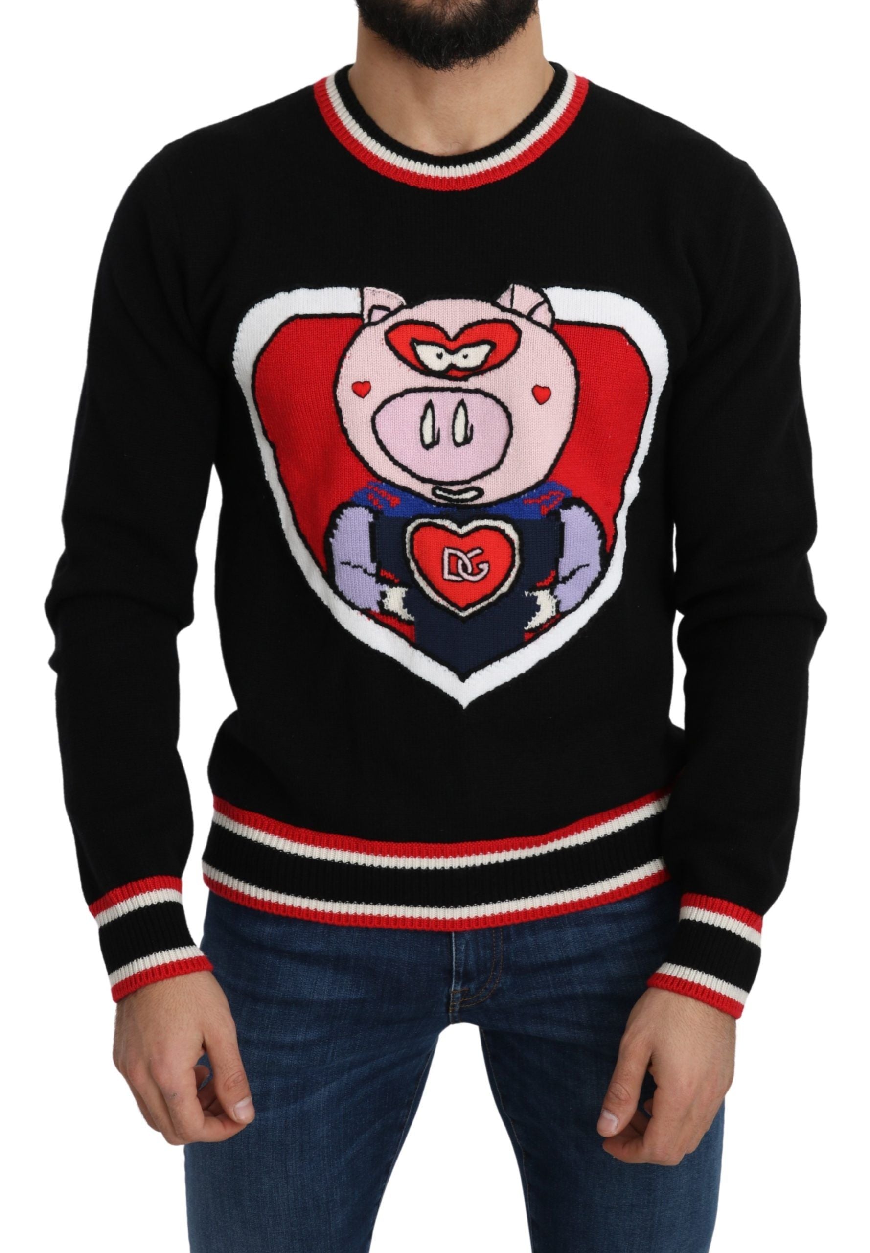 Pull Dolce & Gabbana en cachemire noir avec motif de cochon du Pullover de l'année, détails visibles en image.