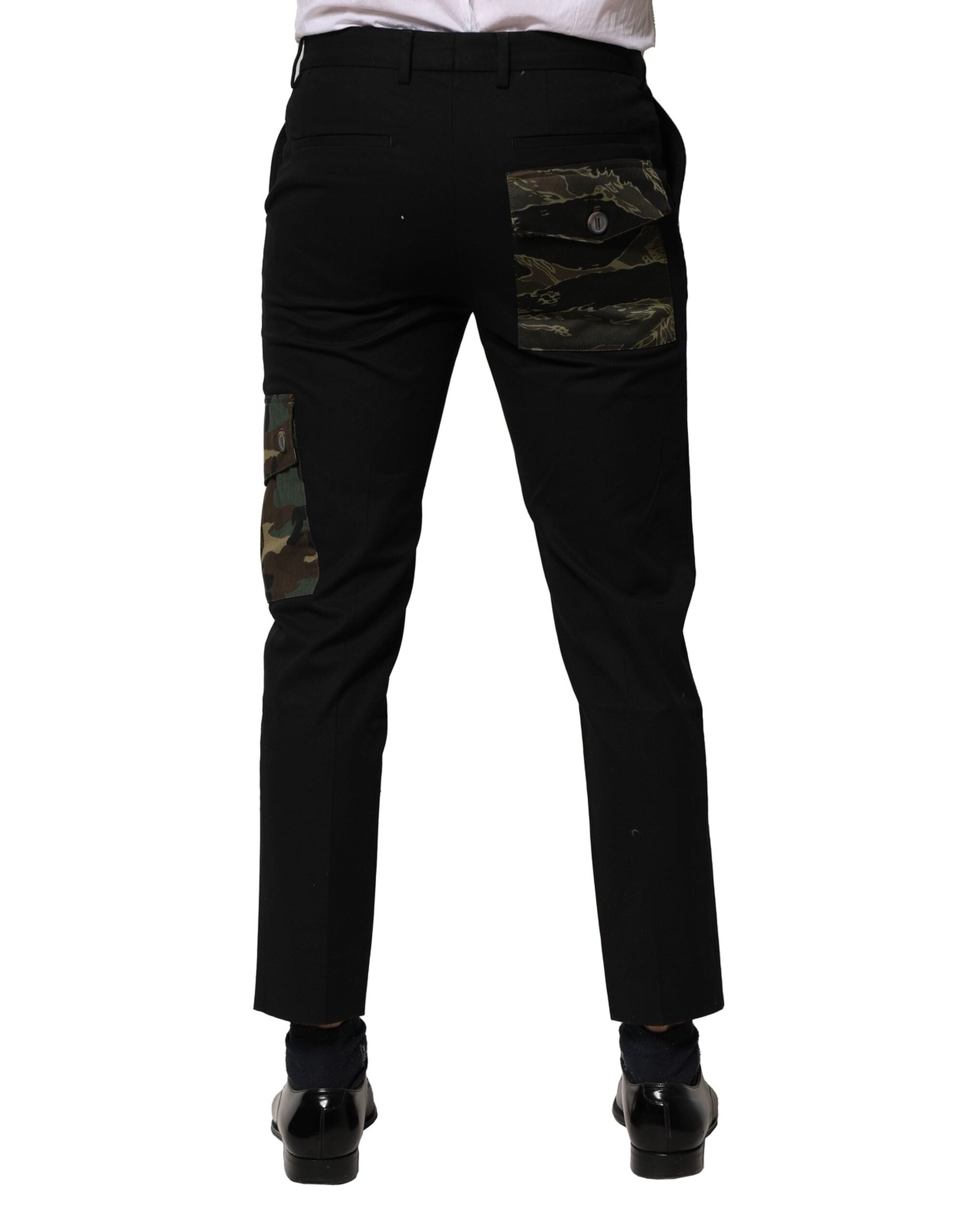 Pantalon cargo noir en coton de Dolce & Gabbana pour homme, vêtement élégant et décontracté, visible en détail dans l'image.
