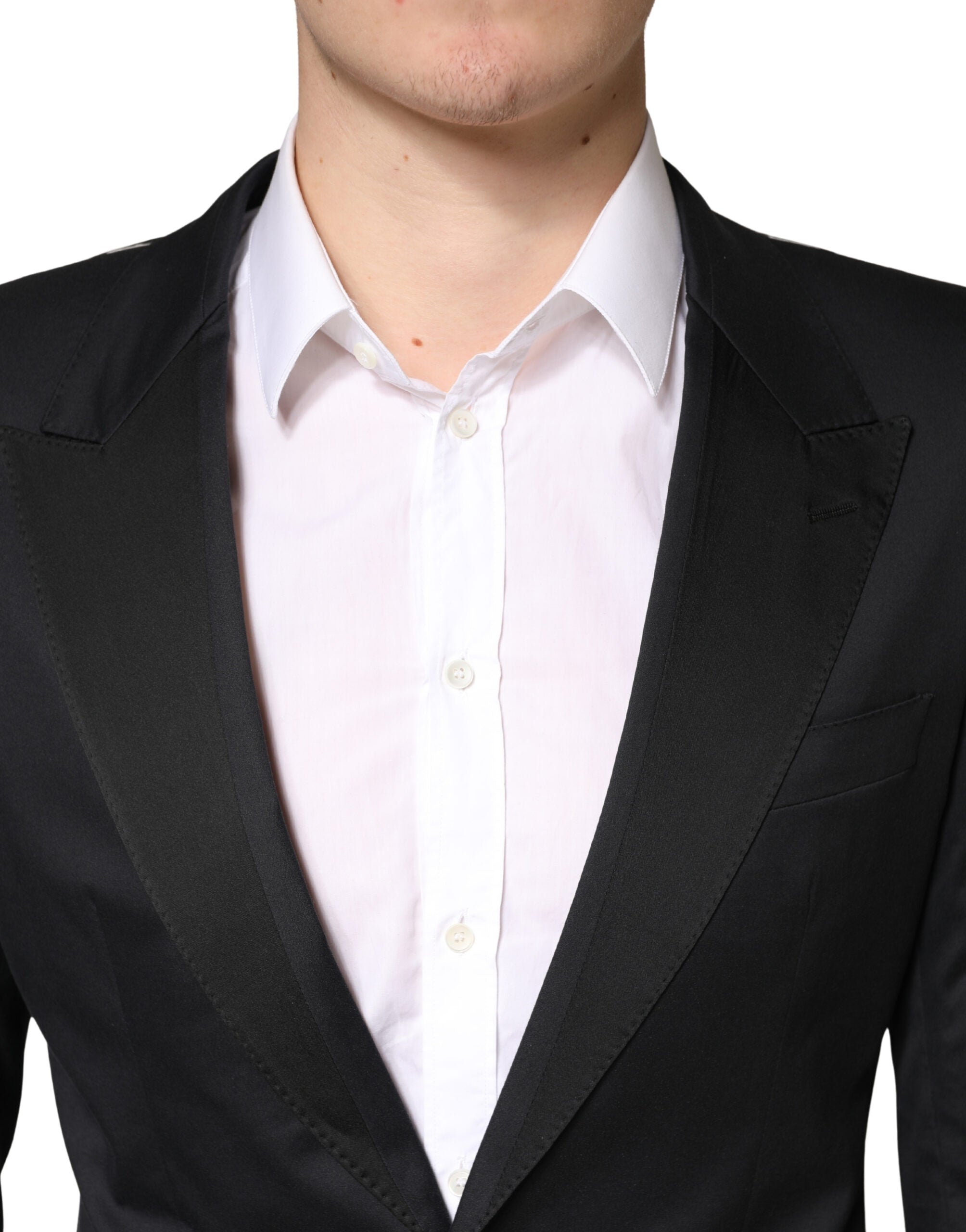 Costume noir en coton Dolce & Gabbana, costume deux pièces à simple boutonnage, vue de devant.
