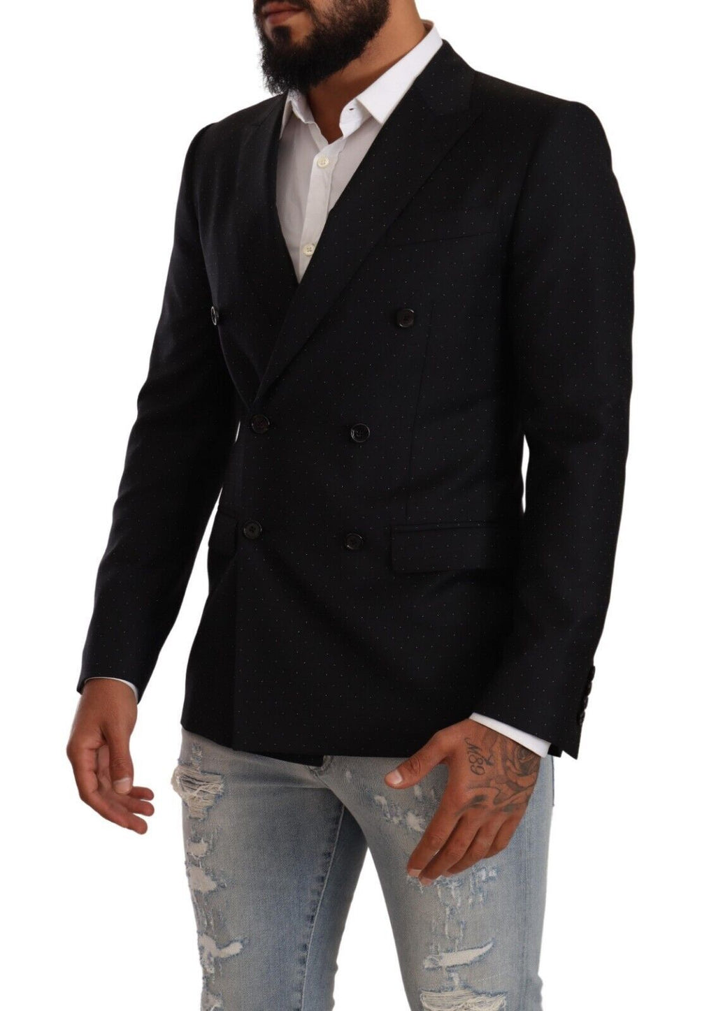 Veste Martini noire Dolce & Gabbana à pois, à double boutonnage, en tissu élégant, portée ouverte sur un fond neutre.