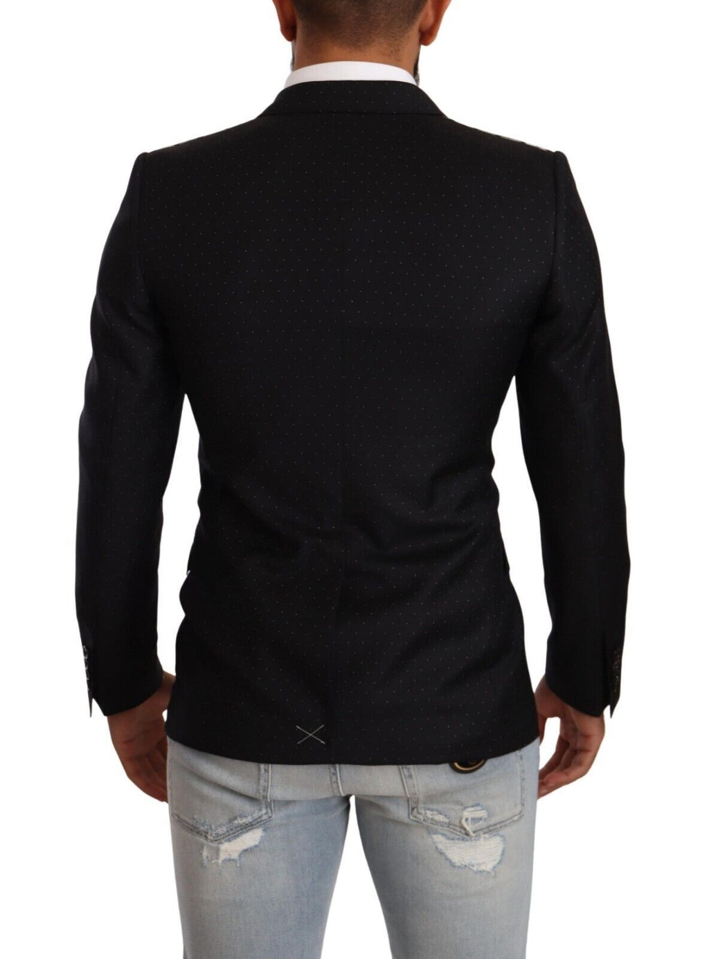 Veste noire Dolce & Gabbana à pois, à double boutonnage, style Martini, visible sur un mannequin.