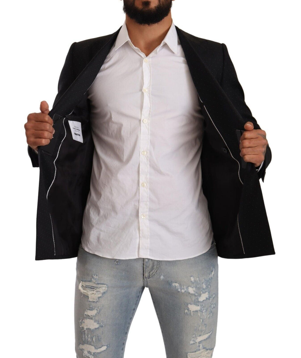 Blazer noir Dolce & Gabbana à pois, double boutonnage, style Martini, vue de face sur fond neutre.