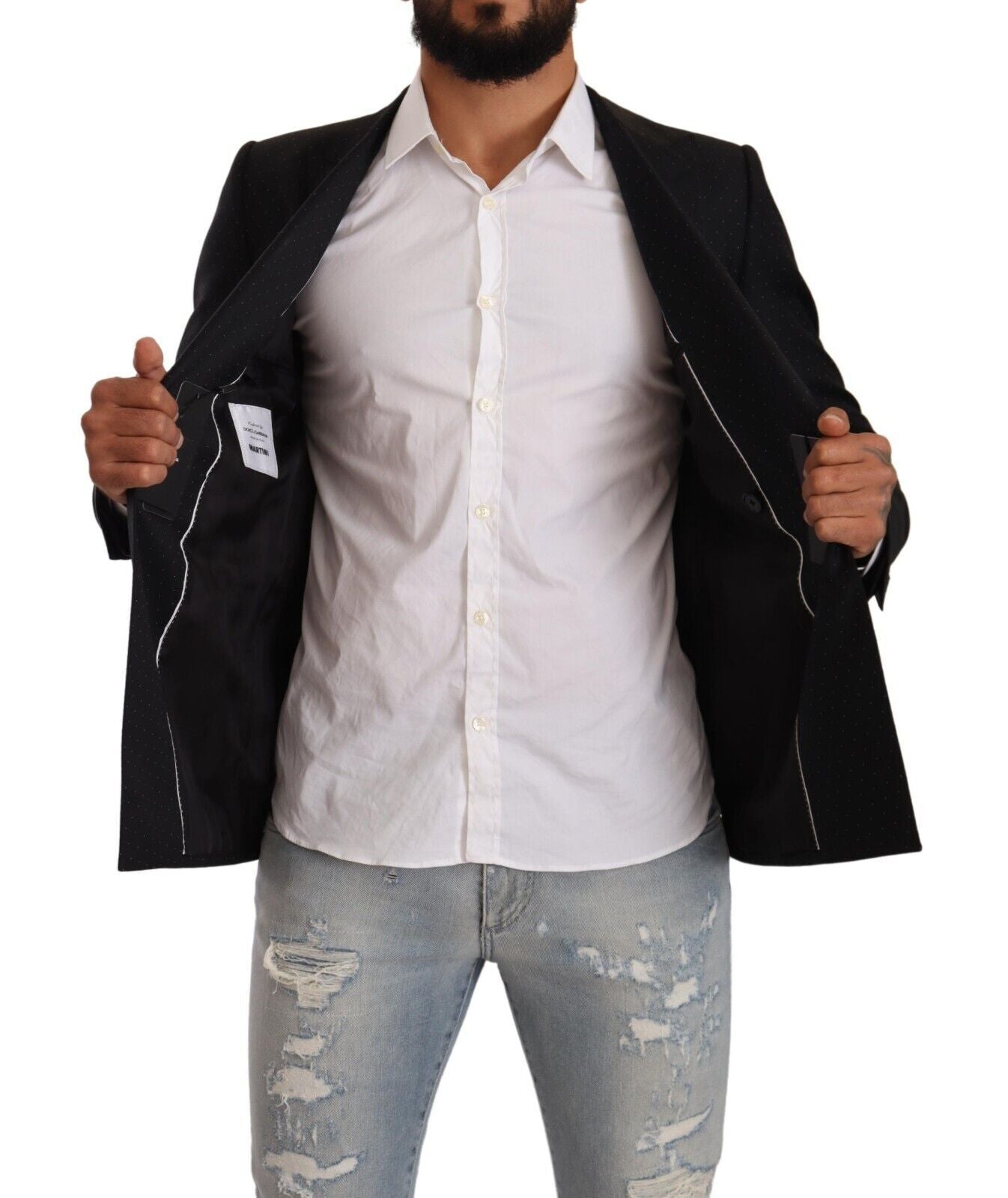 Blazer noir Dolce & Gabbana à pois, double boutonnage, style Martini, vue de face sur fond neutre.