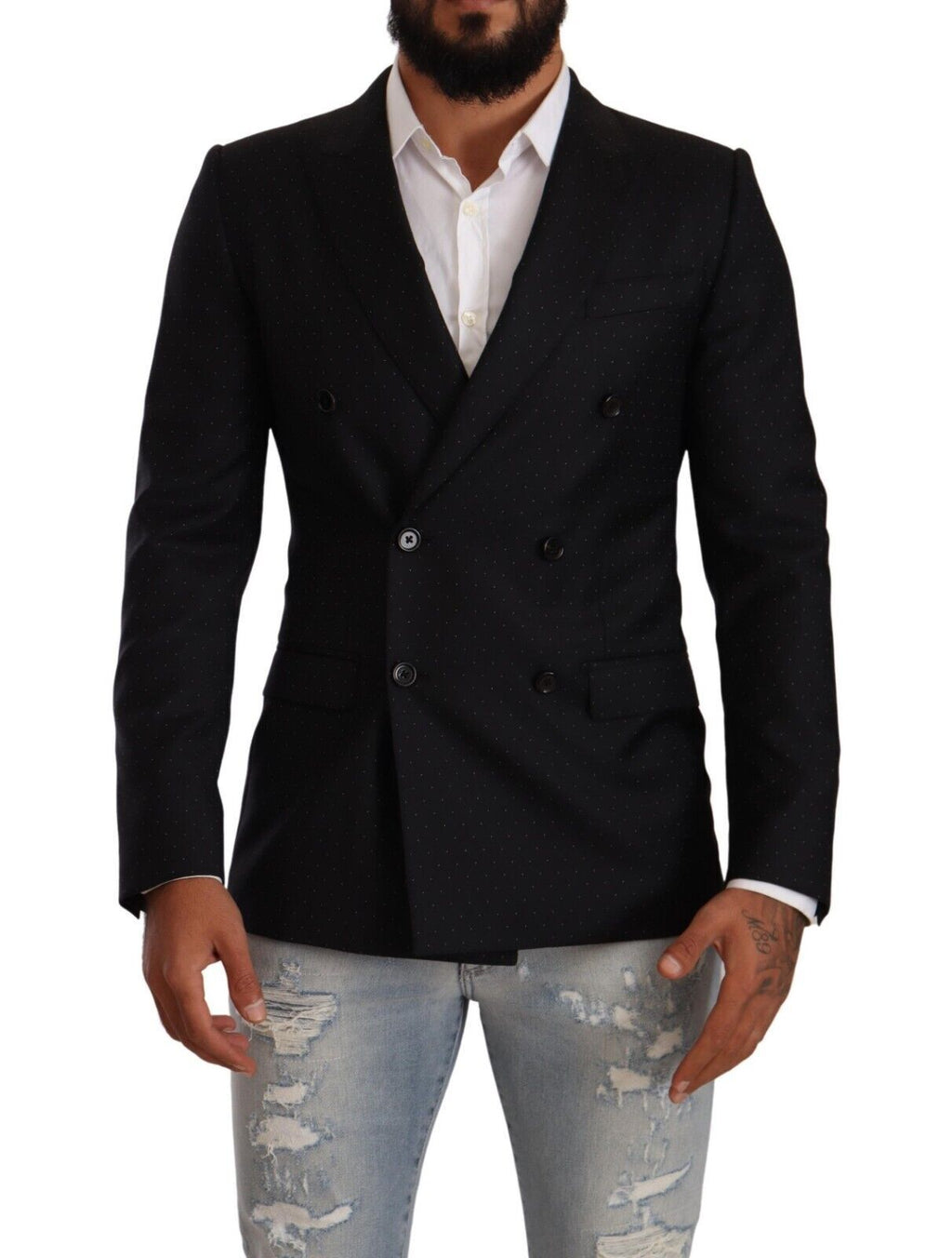 Veste Martini noire à pois Dolce & Gabbana, double boutonnage, coupe élégante, en tissu fin avec motifs à pois noirs.
