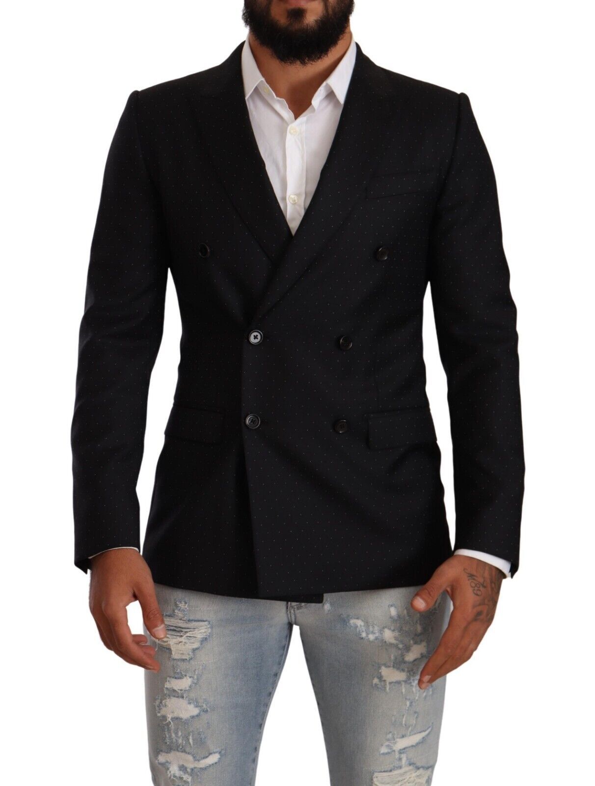 Veste Martini noire à pois Dolce & Gabbana, double boutonnage, coupe élégante, en tissu fin avec motifs à pois noirs.