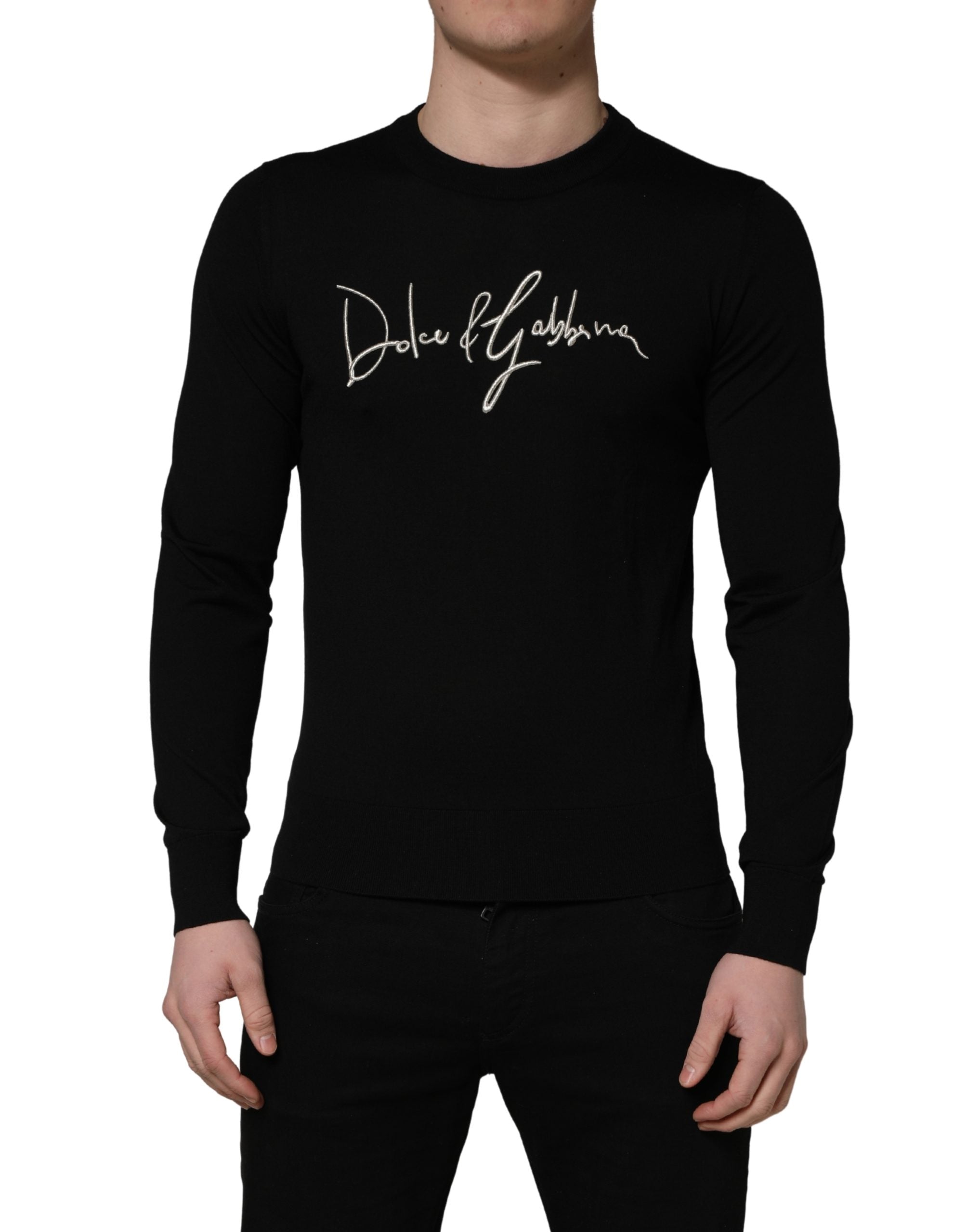 Pull noir Dolce & Gabbana à logo brodé sur col rond, sweat-shirt confortable en maille avec détails élégants.