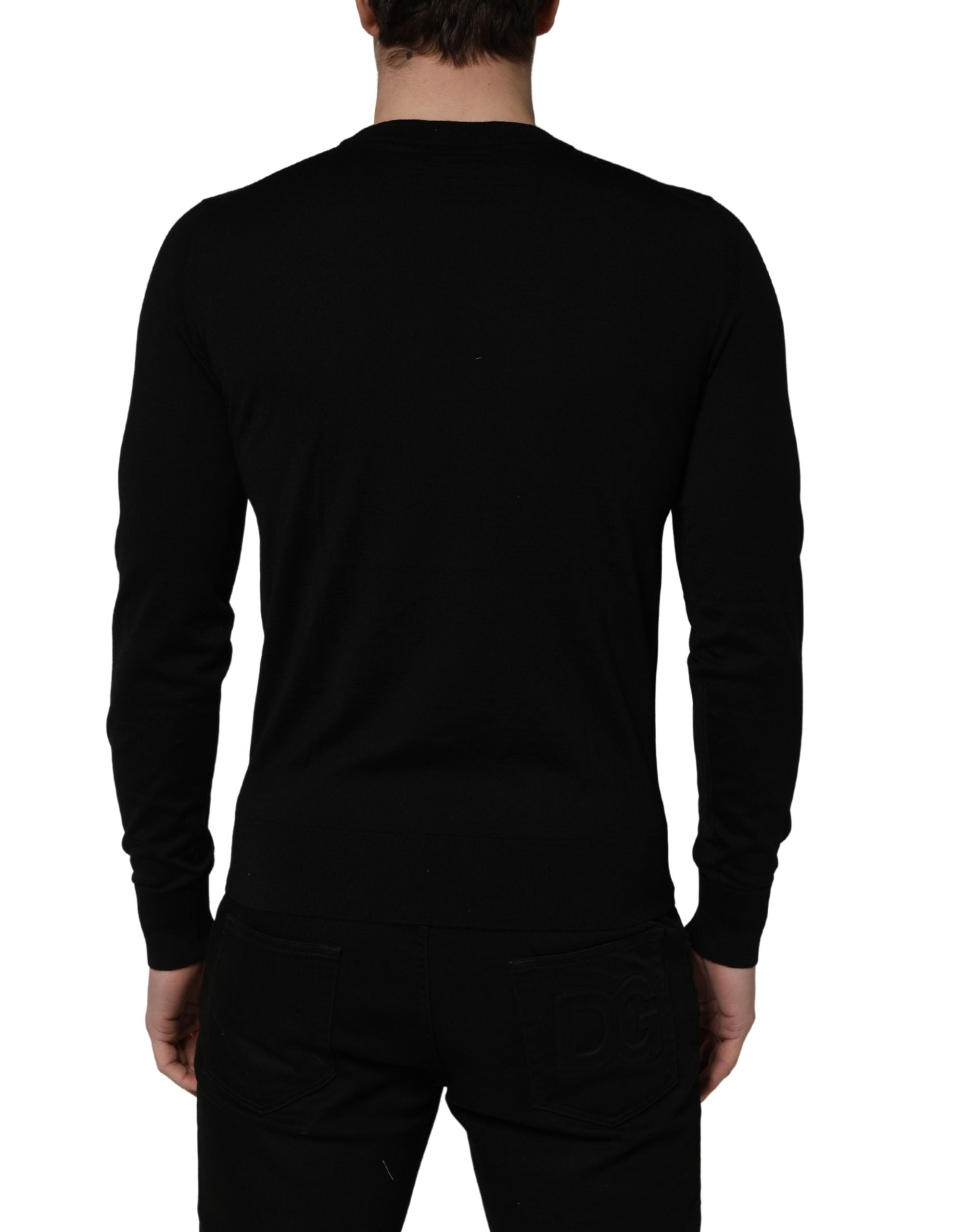 Pull à col rond noir Dolce & Gabbana avec logo brodé, sweat-shirt élégant en coton, vue de face avec détails visibles