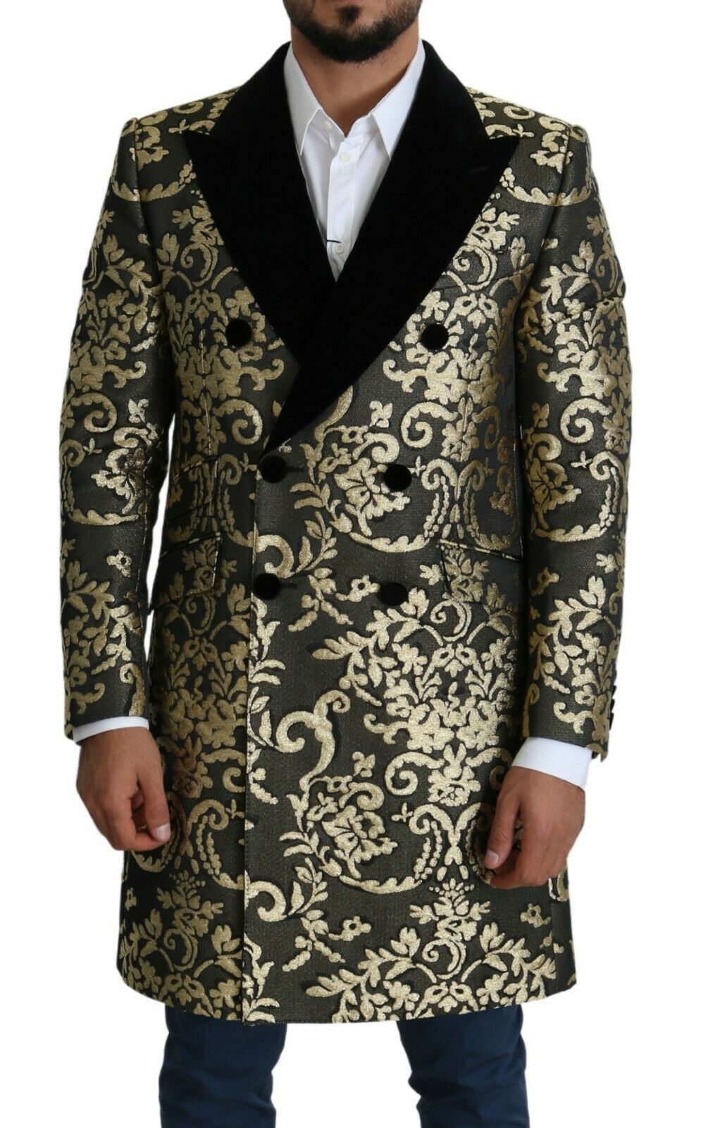 Manteau long en jacquard noir et or Dolce & Gabbana Sicilia, veste élégante avec motifs sophistiqués.