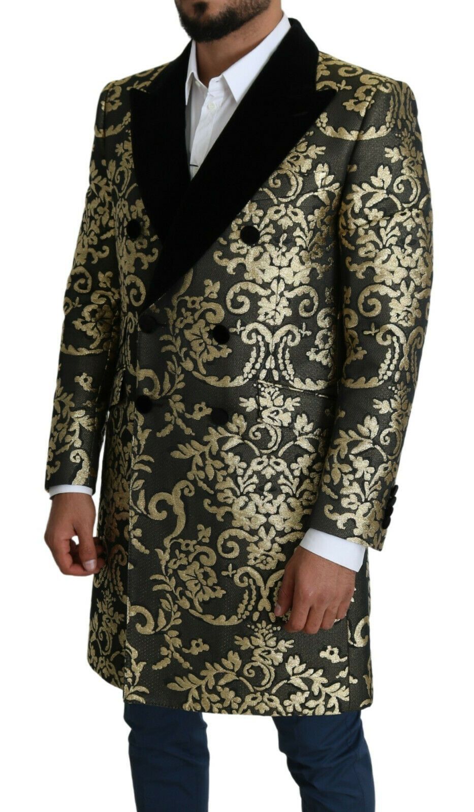 Manteau long Dolce & Gabbana en jacquard noir et or avec motif Sicilia, élégant et sophistiqué.
