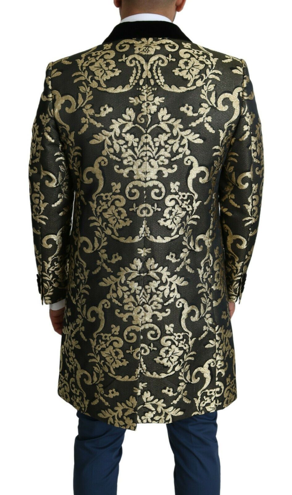 Manteau long Dolce & Gabbana noir et or en jacquard Sicilia, veste élégante avec motifs sophistiqués.