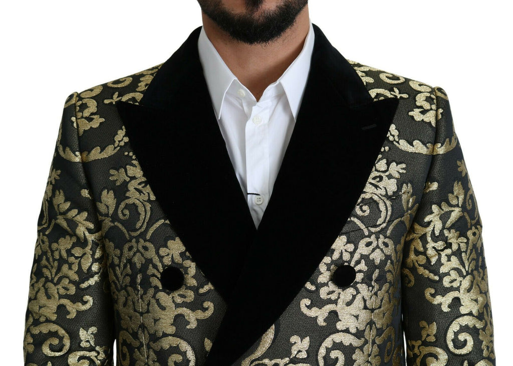 Manteau long en jacquard noir et or de Dolce & Gabbana, modèle Sicilia, avec détails élégants et coupe raffinée.