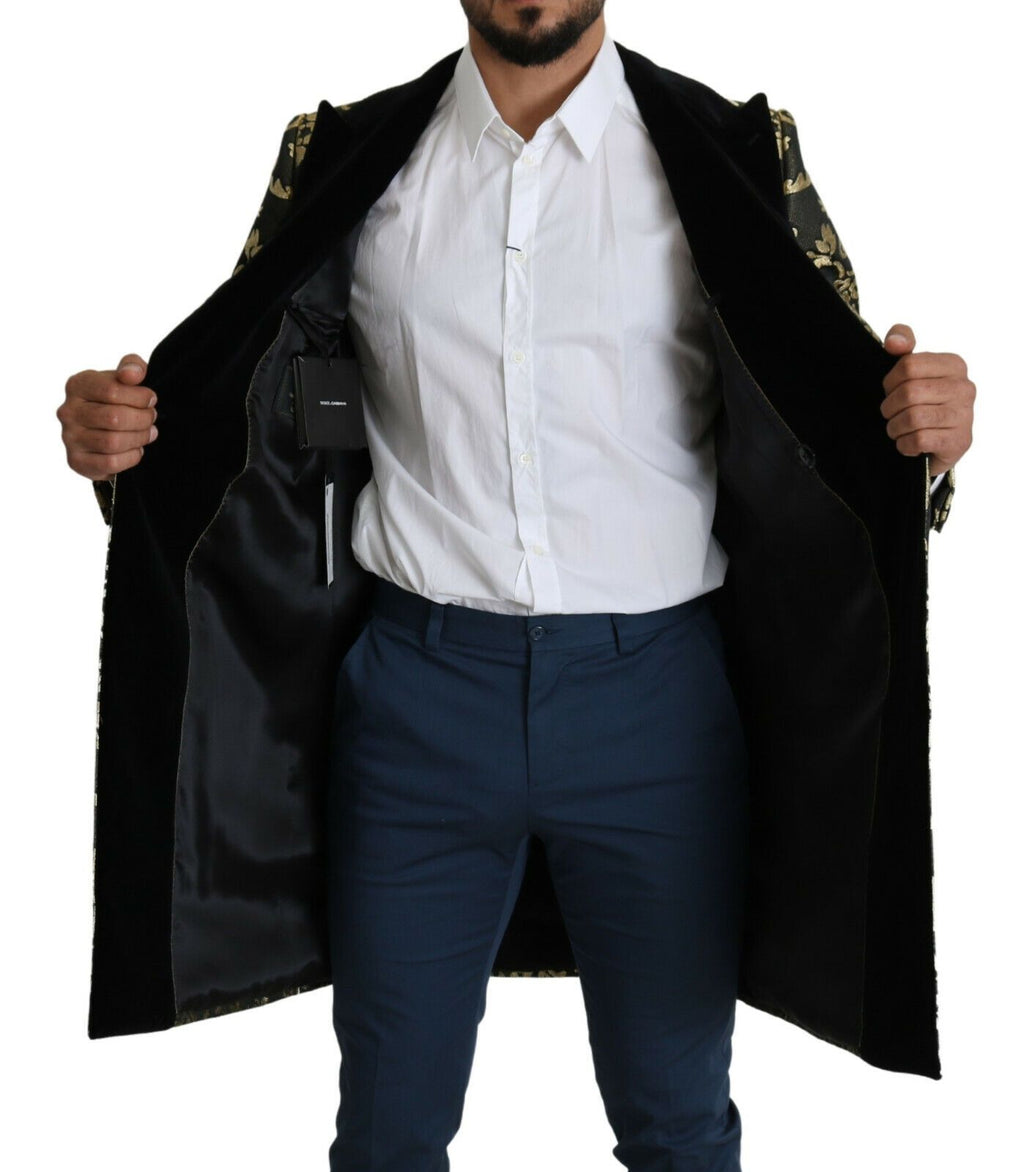 Manteau long Dolce & Gabbana en jacquard noir et or avec motif Sicilia, veste élégante pour femmes.