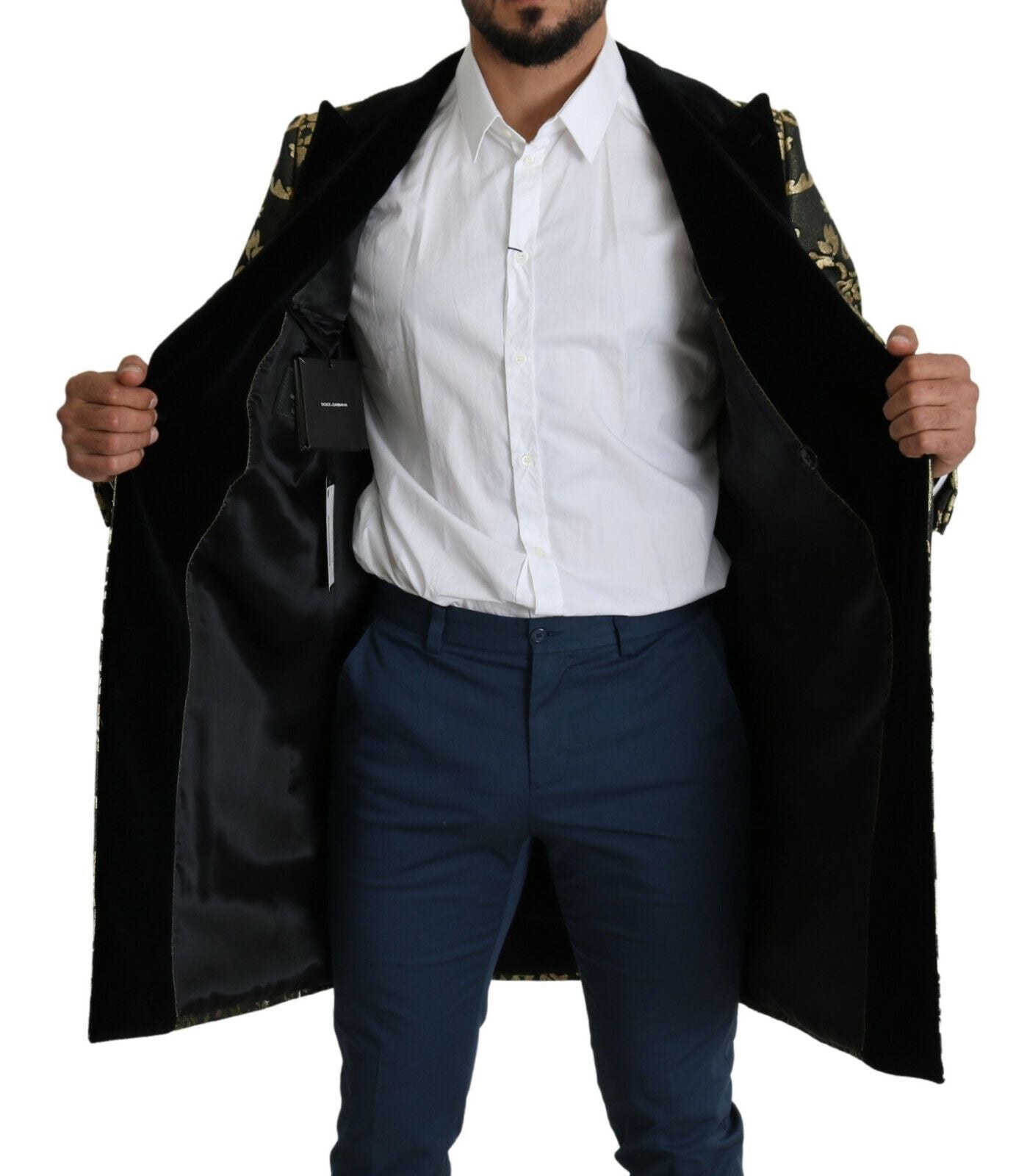 Manteau long Dolce & Gabbana en jacquard noir et or avec motif Sicilia, veste élégante pour femmes.