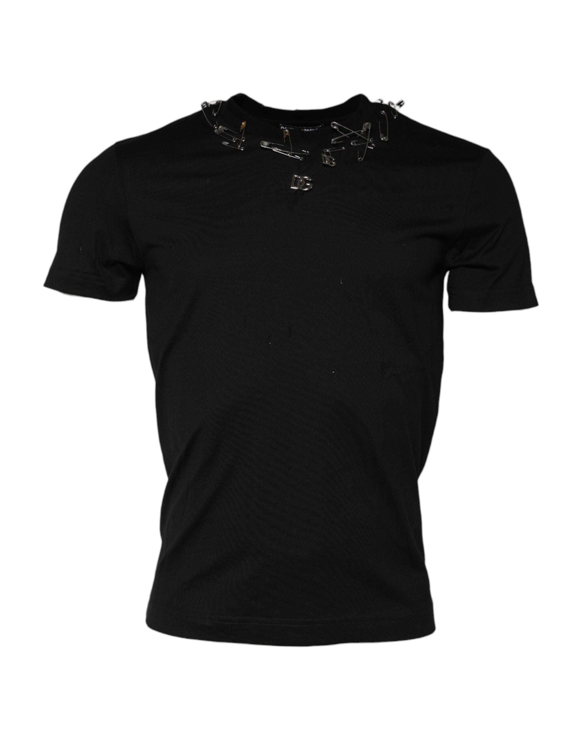 T-shirt noir Dolce & Gabbana à manches courtes avec logo orné et détails embellis, vue de face.