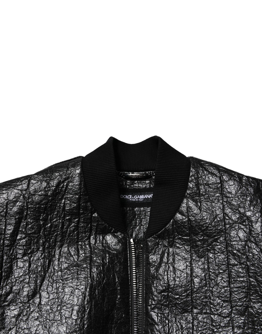 Veste bomber noire Dolce & Gabbana avec plaque logo, fermeture éclair complète, style tendance et élégant.