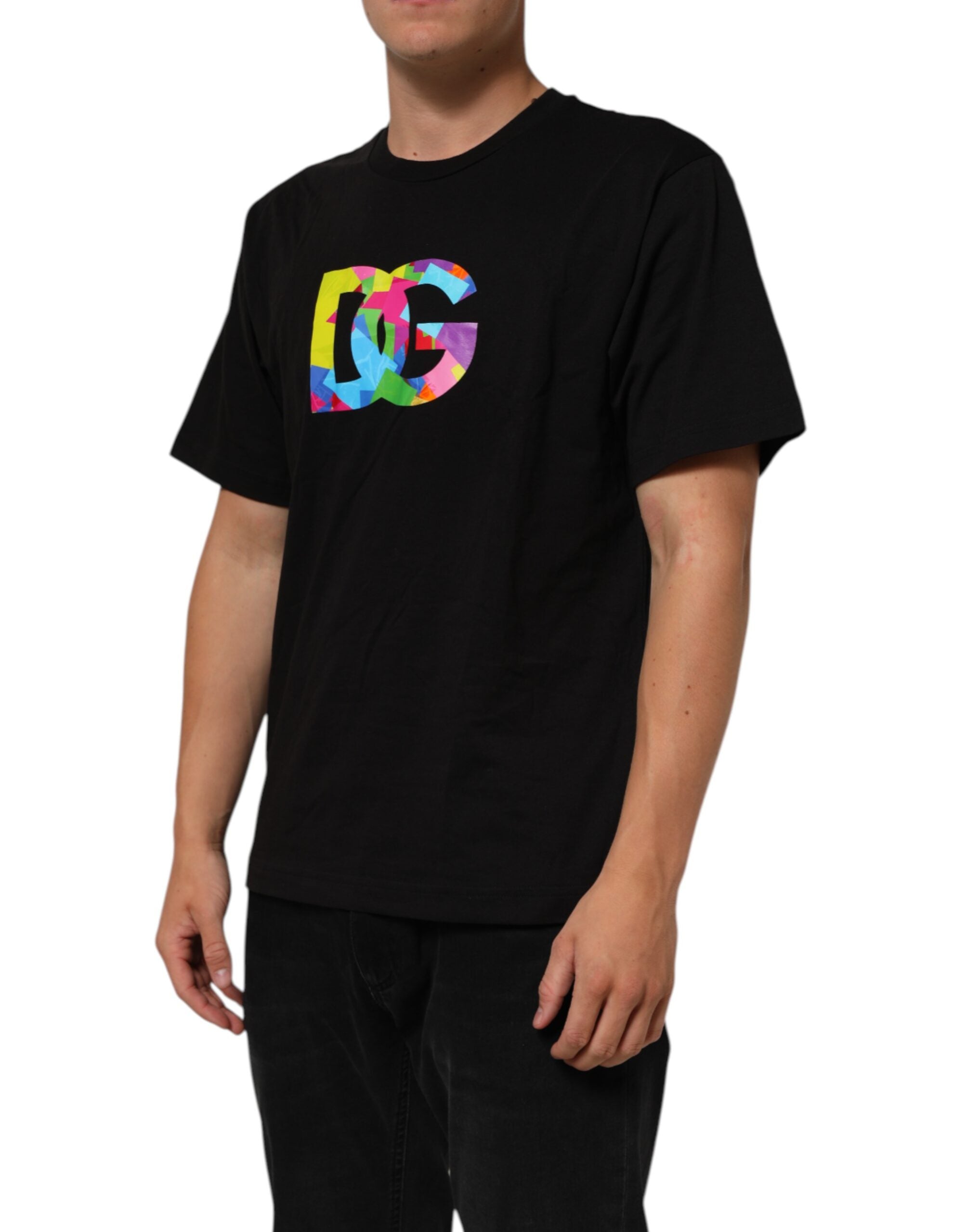 T-shirt en coton noir avec logo imprimé de Dolce & Gabbana, col rond, style décontracté.