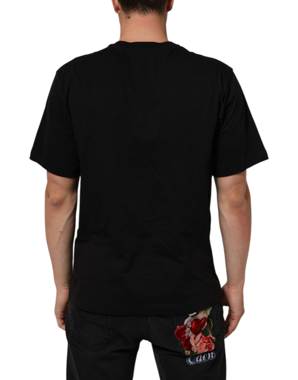 T-shirt en coton noir Dolce & Gabbana avec logo imprimé, col rond, vue de face montrant le design élégant.
