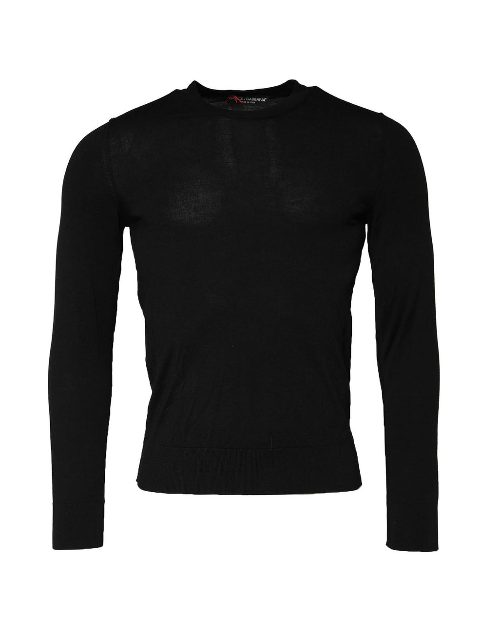 Pull à manches longues noir Dolce & Gabbana avec col ras du cou, doux et élégant, porté sur mannequin.