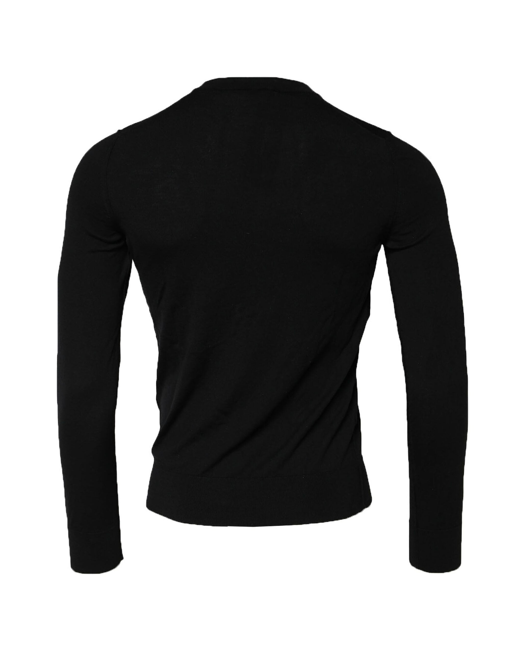 Pull noir Dolce & Gabbana à manches longues, col rond, en maille douce, visible en gros plan dans l’image.