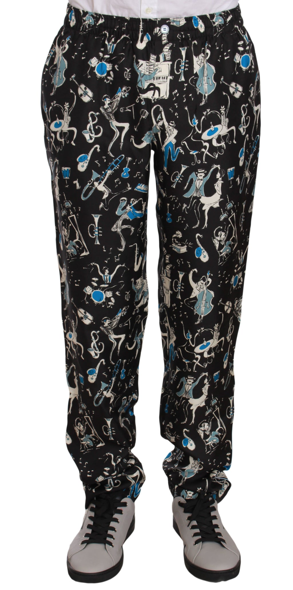 Pantalon de sommeil noir Dolce & Gabbana avec motif d'instruments de musique, tissu doux et élégant, pour un style confortable et chic