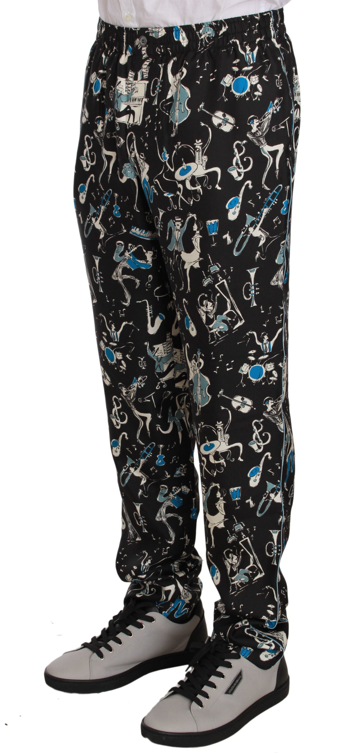 Pantalon de sommeil noir Dolce & Gabbana à motif d'instrument de musique, confort et style pour la détente.