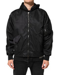 Veste bomber pour homme Dolce & Gabbana en nylon noir avec capuche et fermeture éclair complète, style décontracté.
