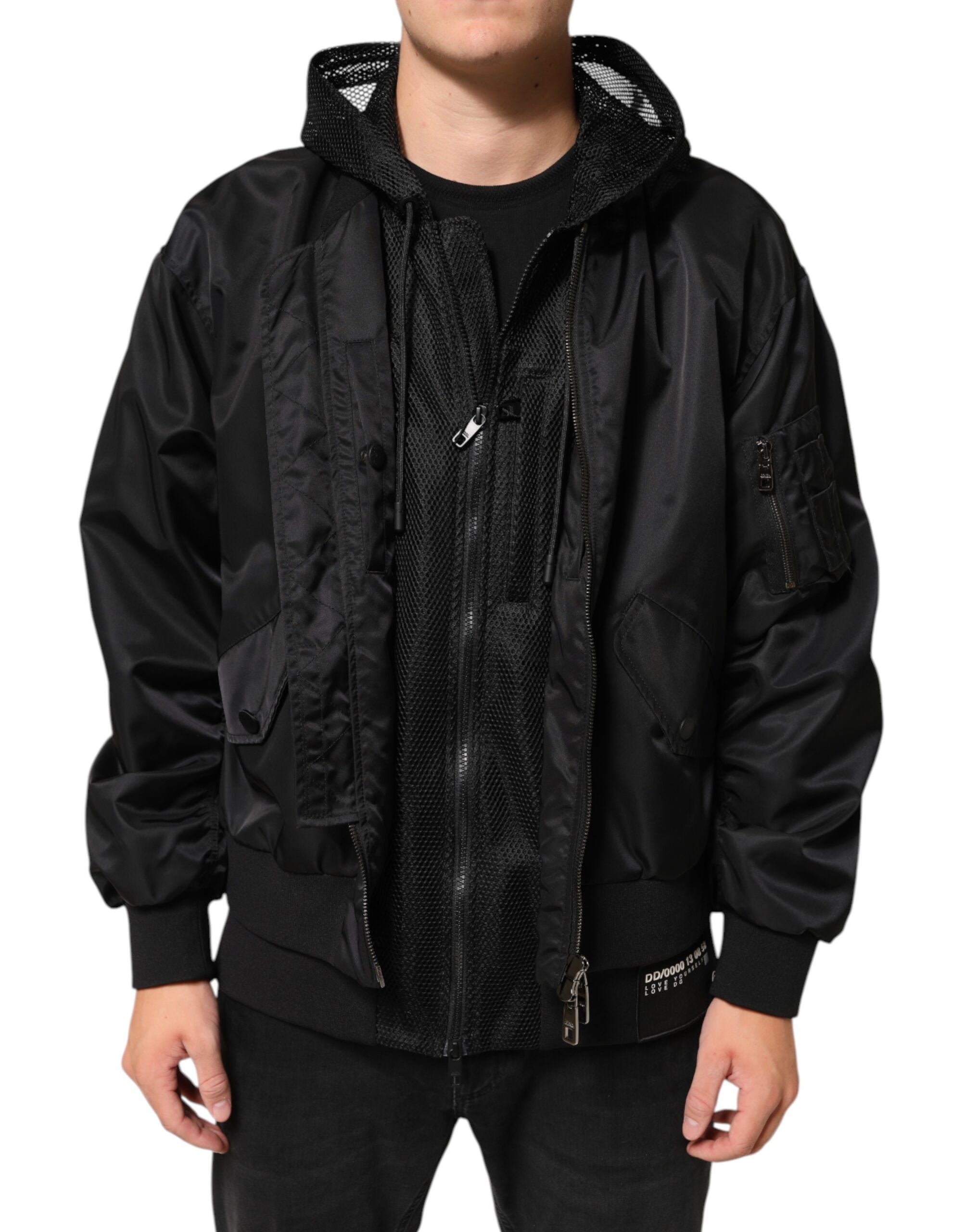 Veste bomber homme Dolce & Gabbana en nylon noir avec capuche et fermeture éclair complète.