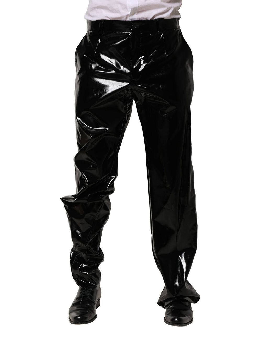 Pantalon homme en nylon noir Dolce & Gabbana, coupe droite, style élégant et moderne, porté en image.
