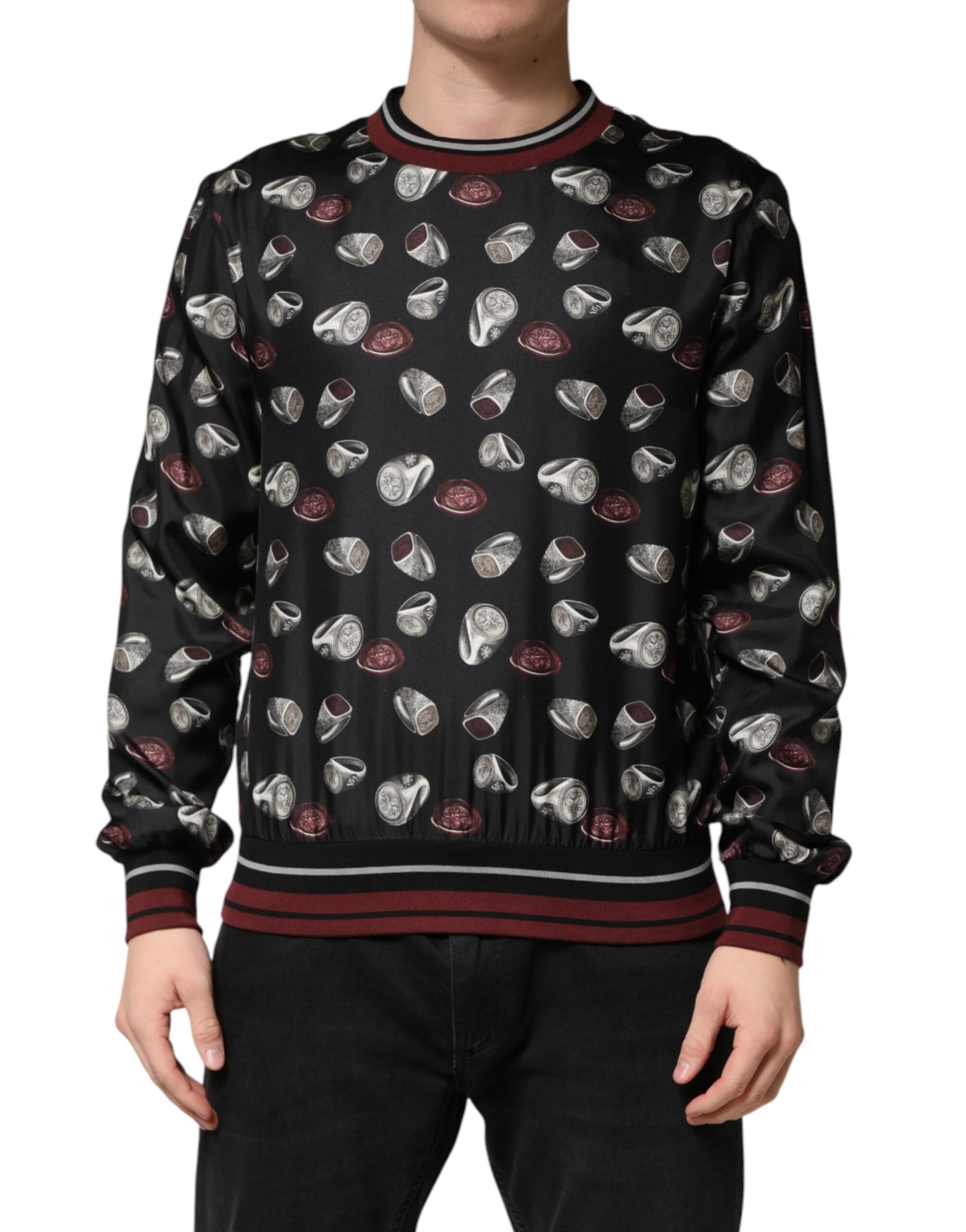 Sweatshirt Dolce & Gabbana à col rond, motif de bague noire, pull en coton avec design graphique élégant.