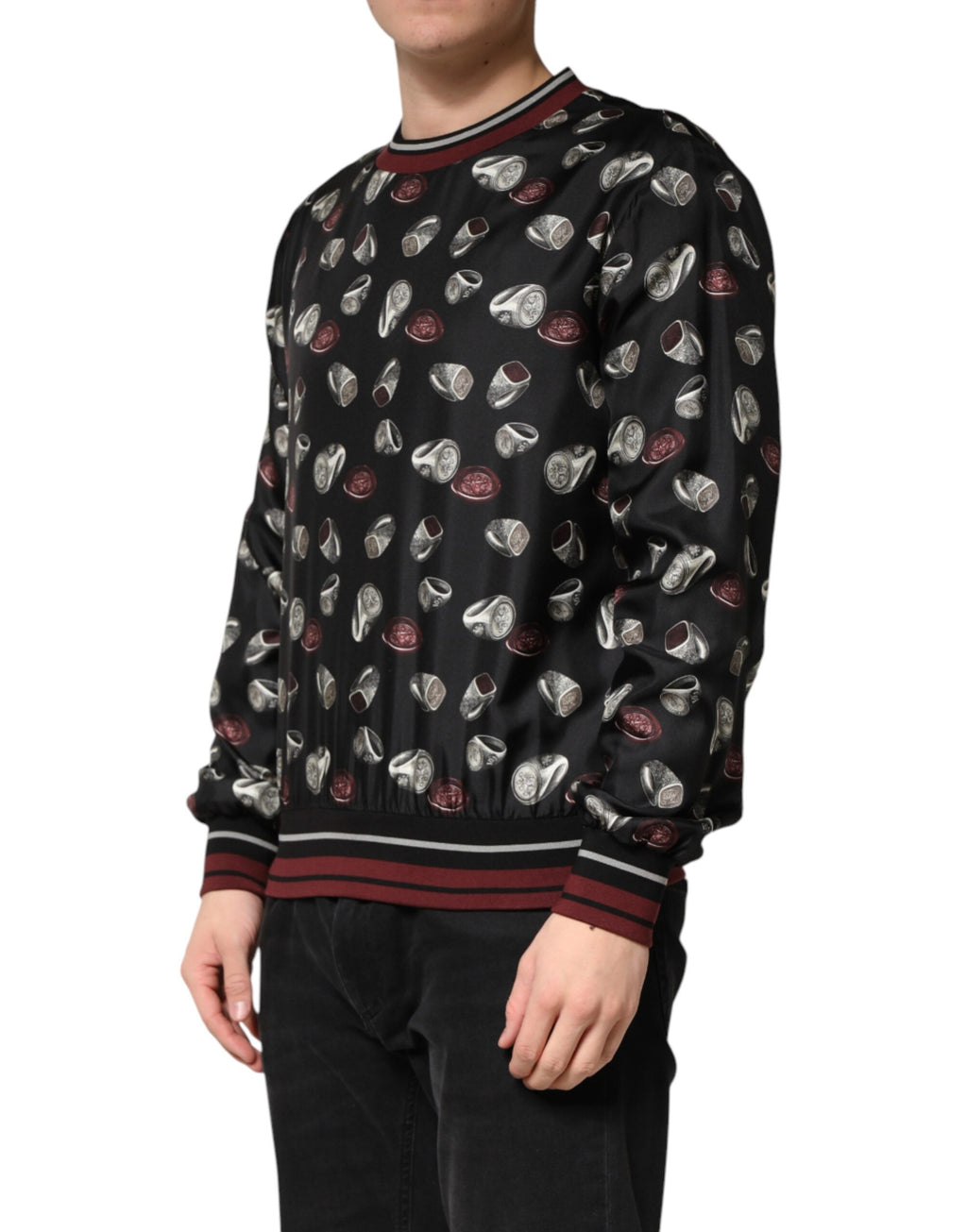 Sweat-shirt à col ras du cou noir Dolce & Gabbana avec motif d'anneau imprimé, en coton confortable.
