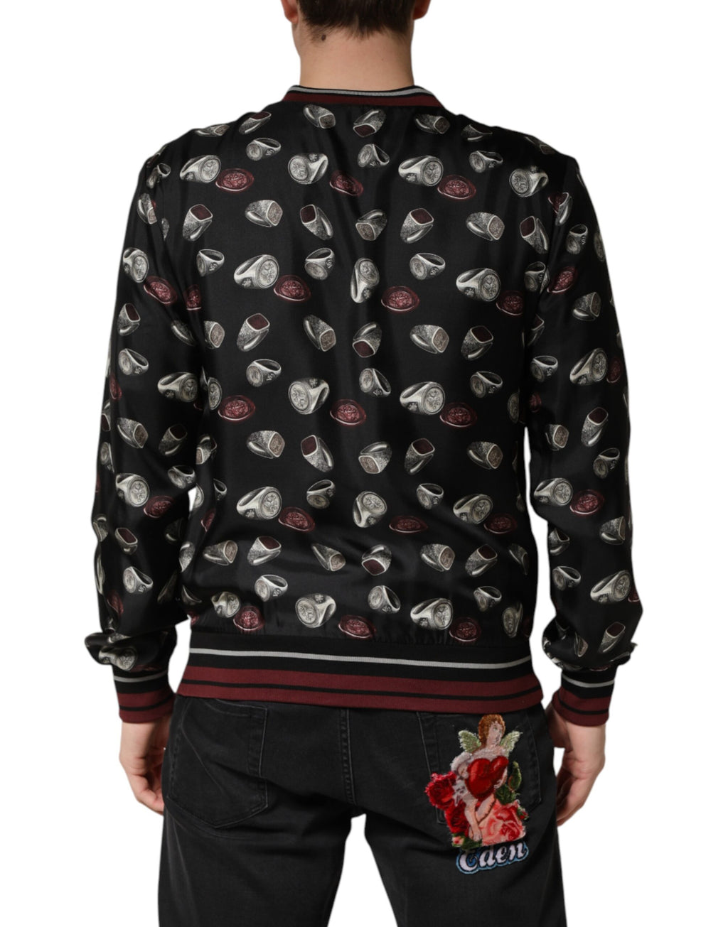 Sweatshirt Dolce & Gabbana à col ras du cou avec motif de bagues noires, en coton noir, vêtements pour homme.