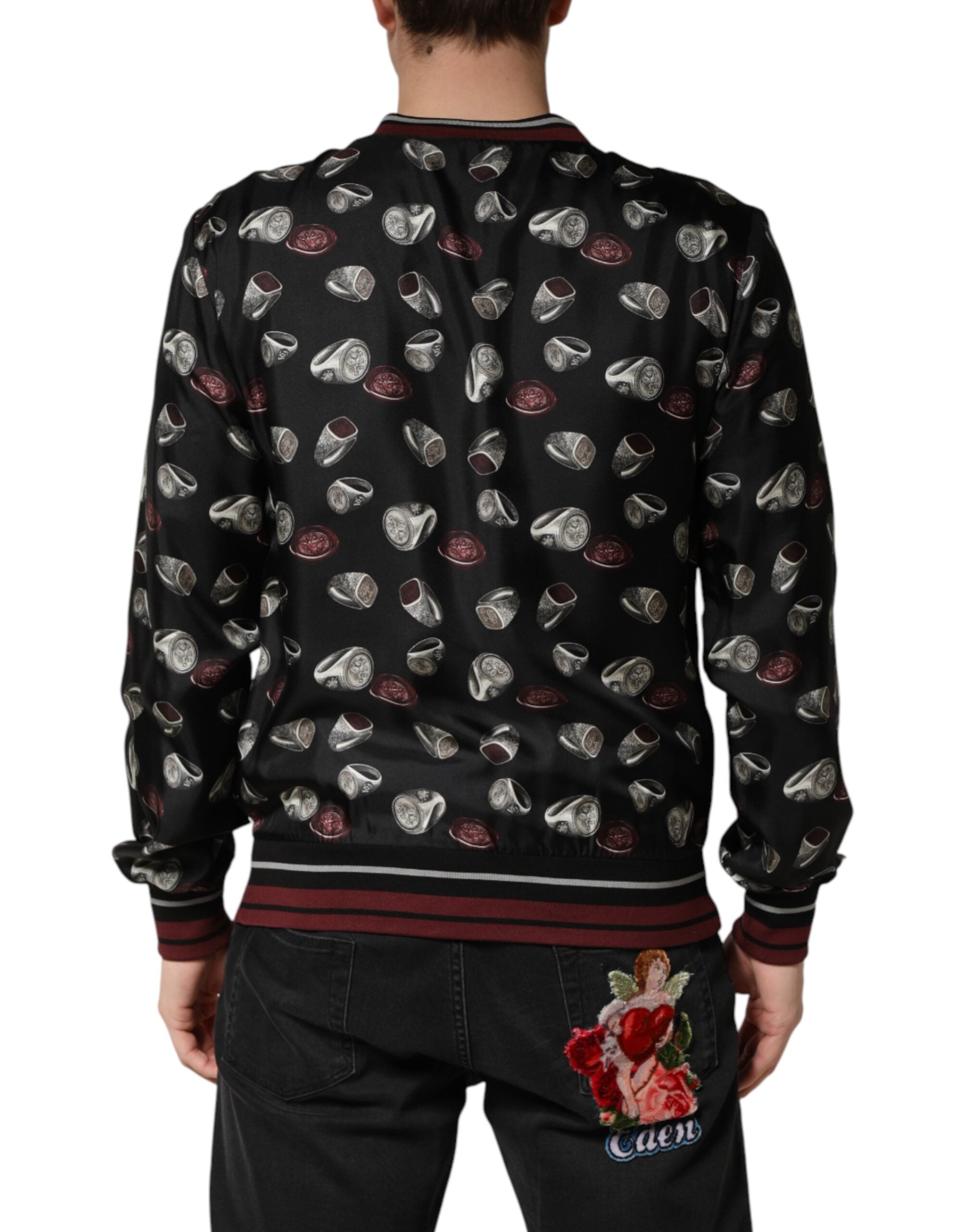 Sweatshirt Dolce & Gabbana à col ras du cou avec motif de bagues noires, en coton noir, vêtements pour homme.