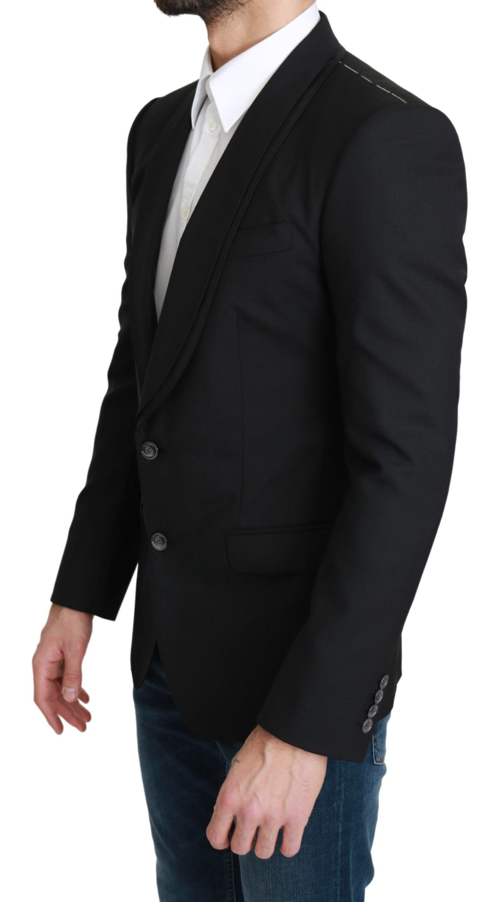 Blazer noir en laine à un bouton de marque Dolce & Gabbana, veste formelle à coupe classique élégante.
