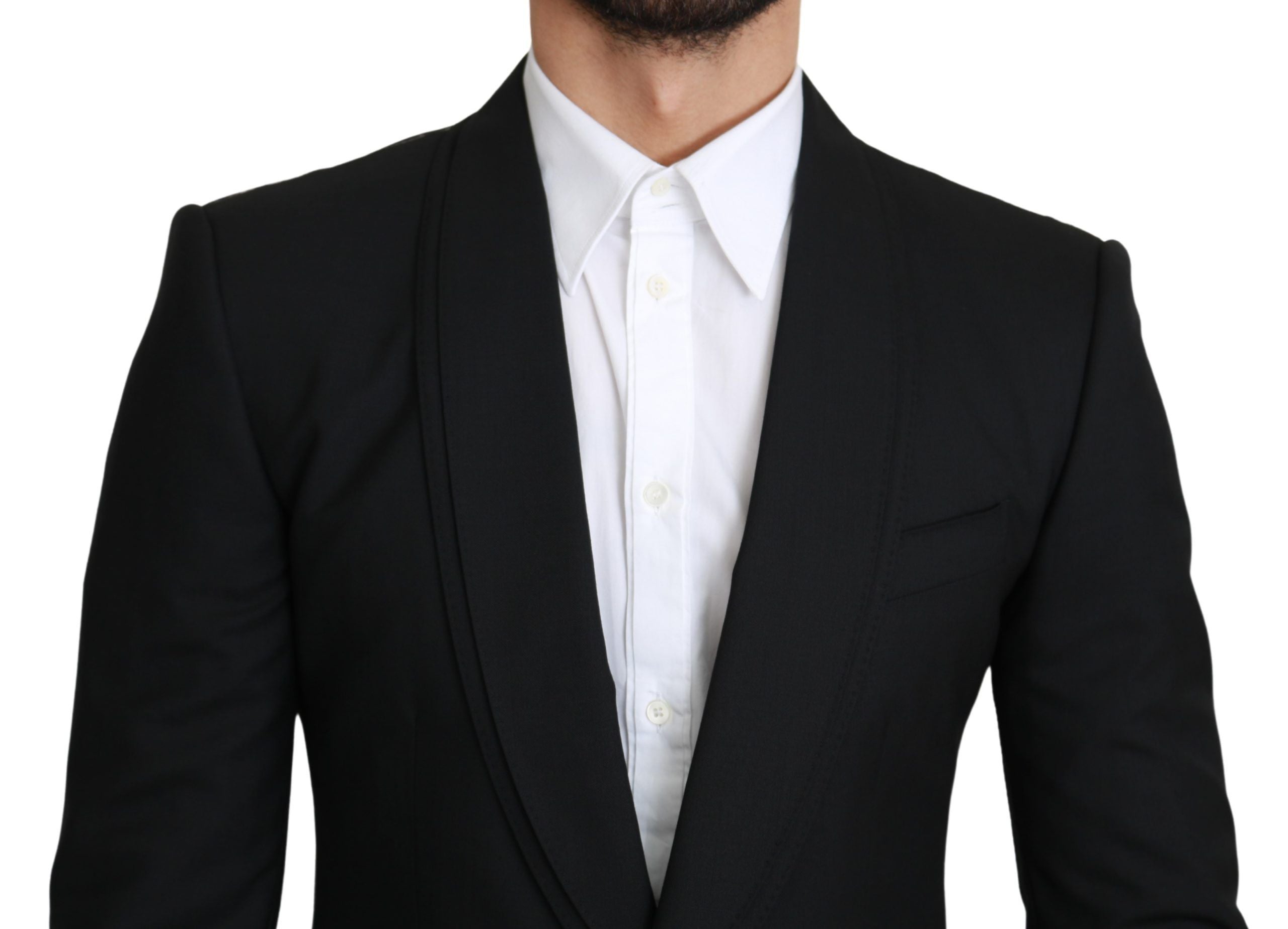 Veste formelle en laine noire à un bouton de Dolce & Gabbana, blazer homme élégant et classique, vue de face.