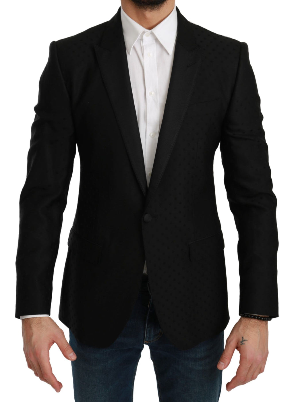 Veste blazer noire Dolce & Gabbana coupe slim, élégante, avec col classique et boutons sur le devant, pour homme.