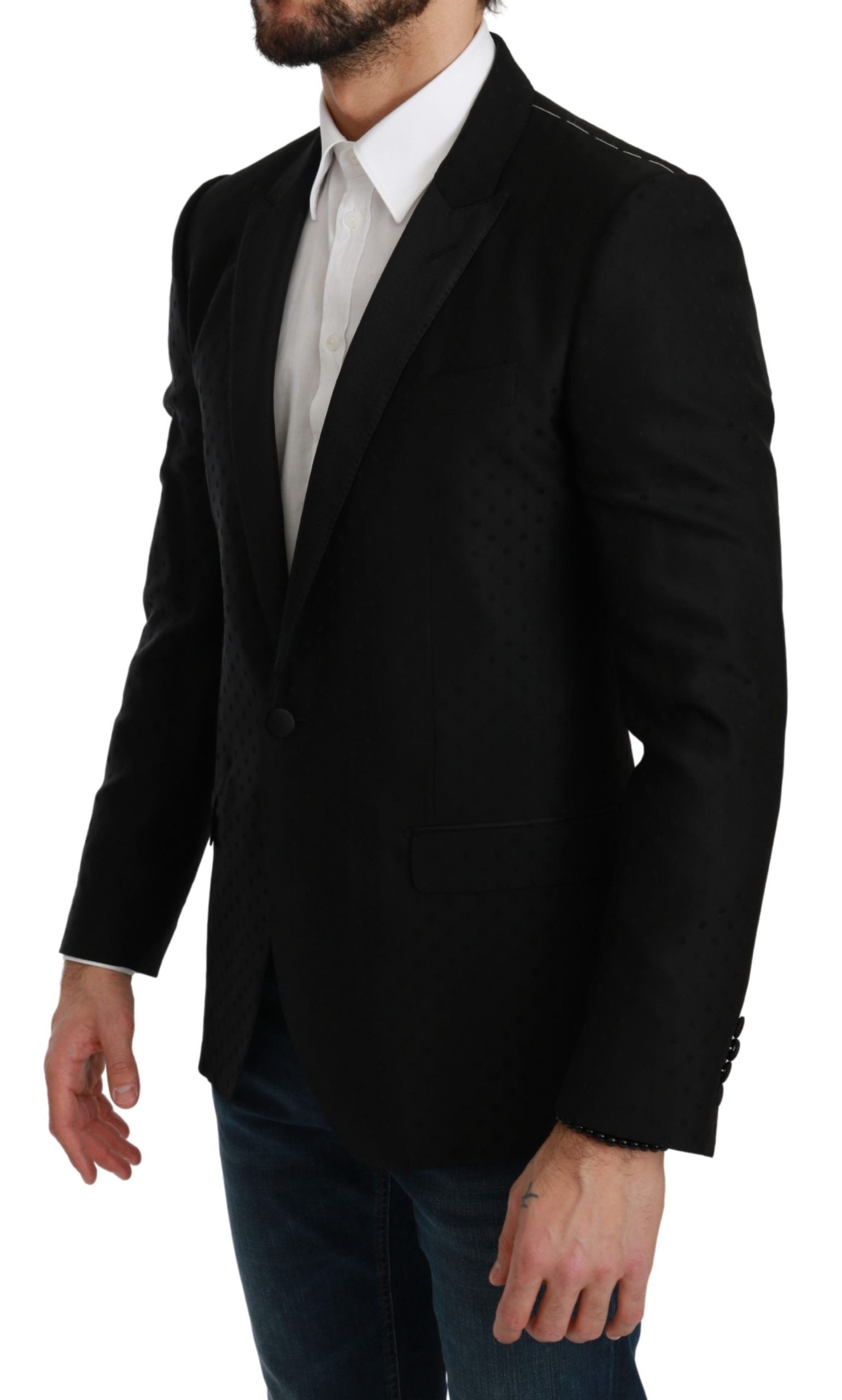 Veste blazer noire Dolce & Gabbana coupe slim fit, style élégant et moderne, visible en détail sur l'image.