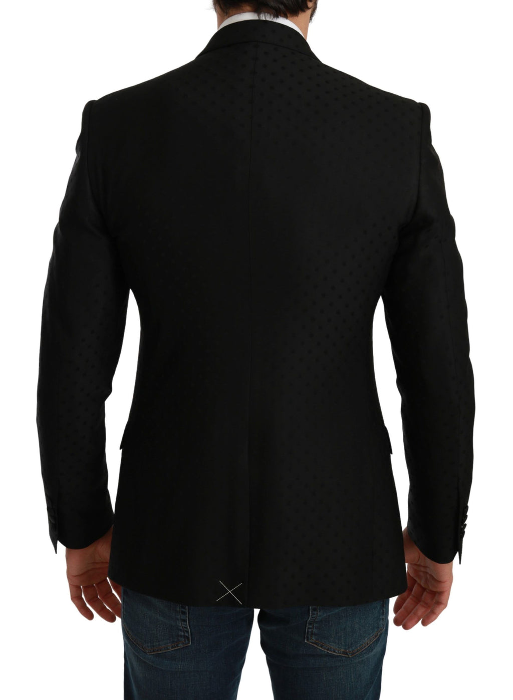 Veste blazer noire Dolce & Gabbana slim fit, coupe élégante, avec détails modernes, portée sur un mannequin.