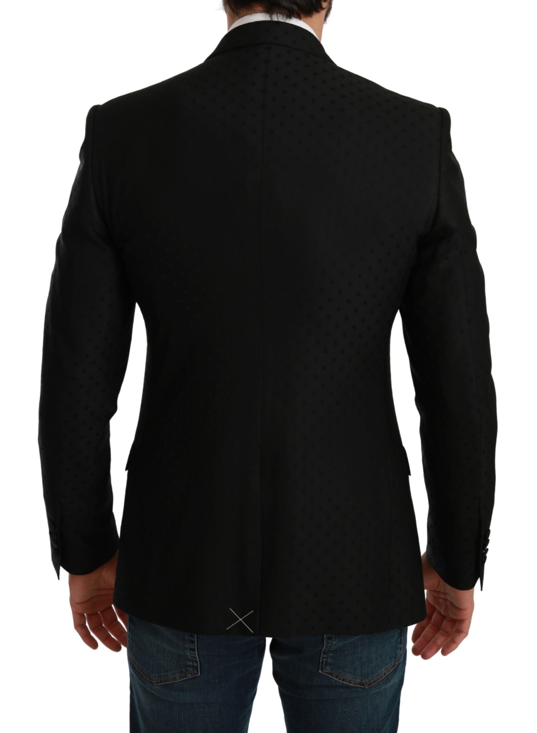 Veste blazer noire Dolce & Gabbana slim fit, coupe élégante, avec détails modernes, portée sur un mannequin.
