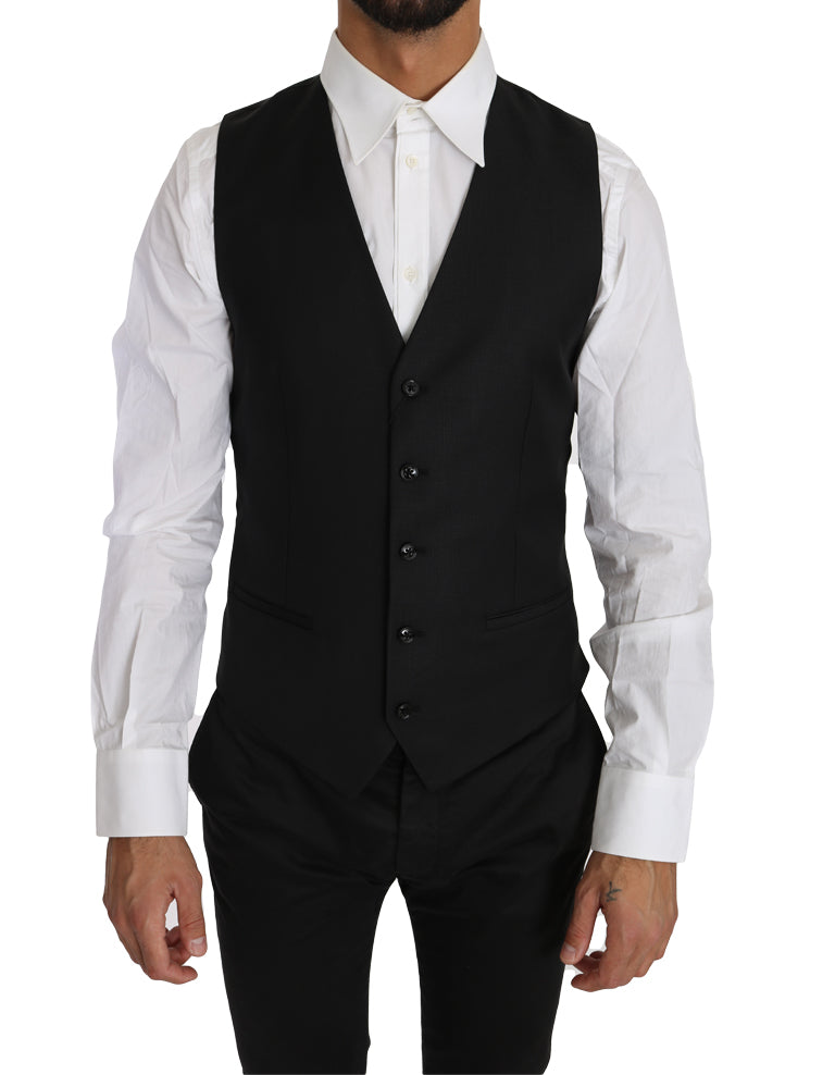 Gilet en laine et soie noire Dolce & Gabbana, coupe ajustée, sans manches, détail élégant pour homme.
