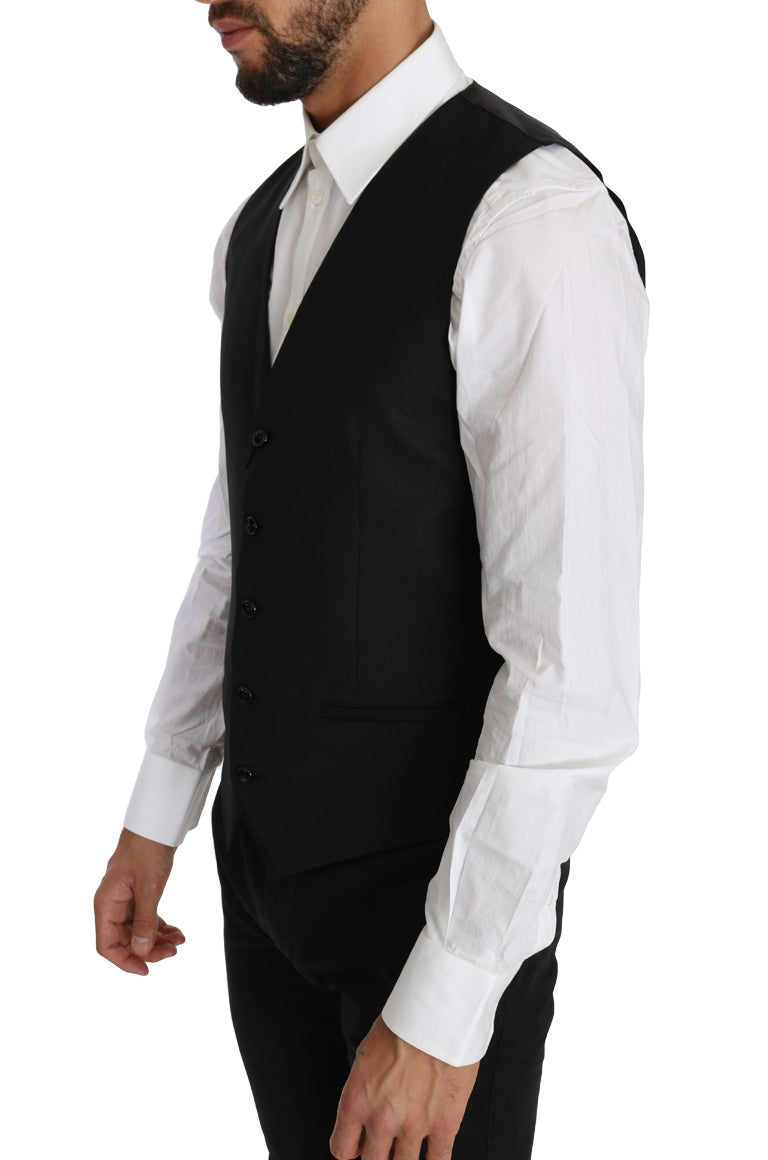 Gilet noir en laine et soie Dolce & Gabbana, veste ajustée élégante avec doublure raffinée, vue de face sur fond neutre.