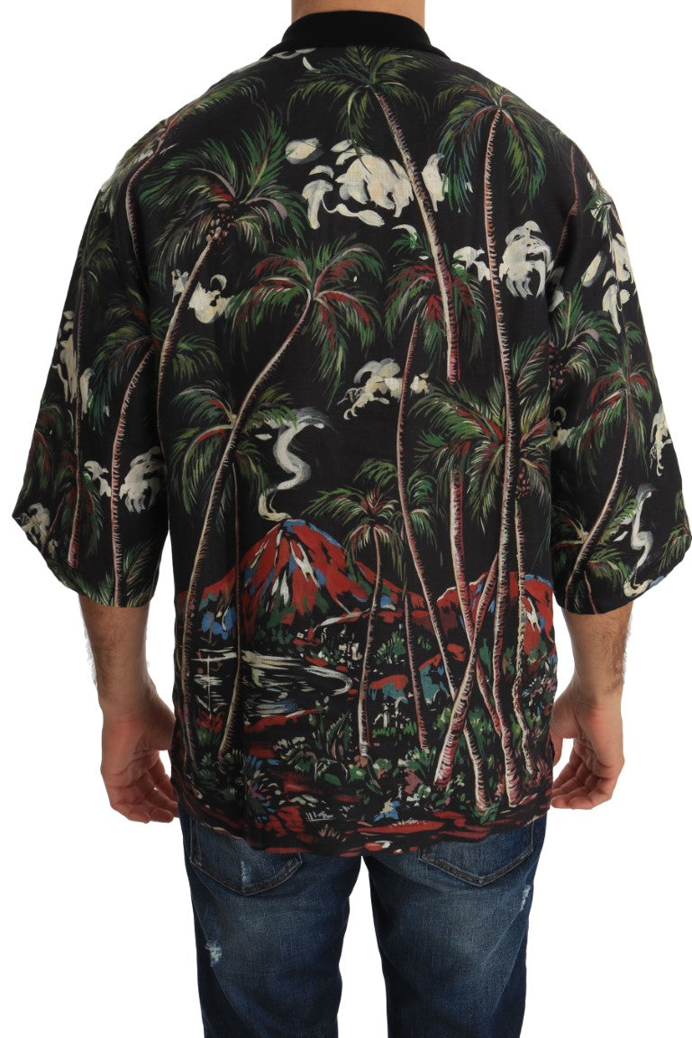 T-shirt Dolce & Gabbana noir Volcano Sicily à manches courtes, design graphique élégant visible sur l'image.
