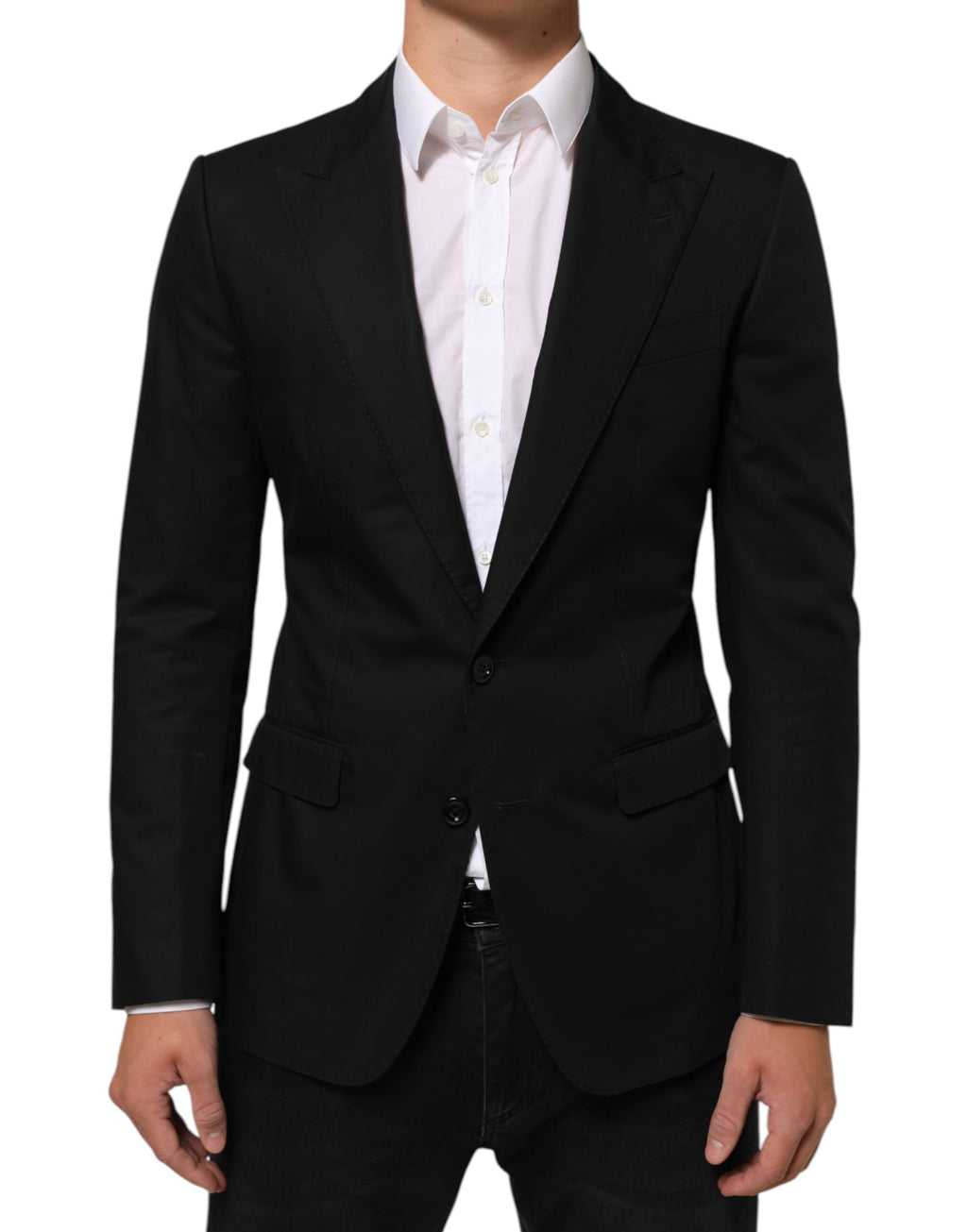 Costume homme Dolce & Gabbana en laine noire avec deux boutons, veste blazer élégante et sophistiquée.