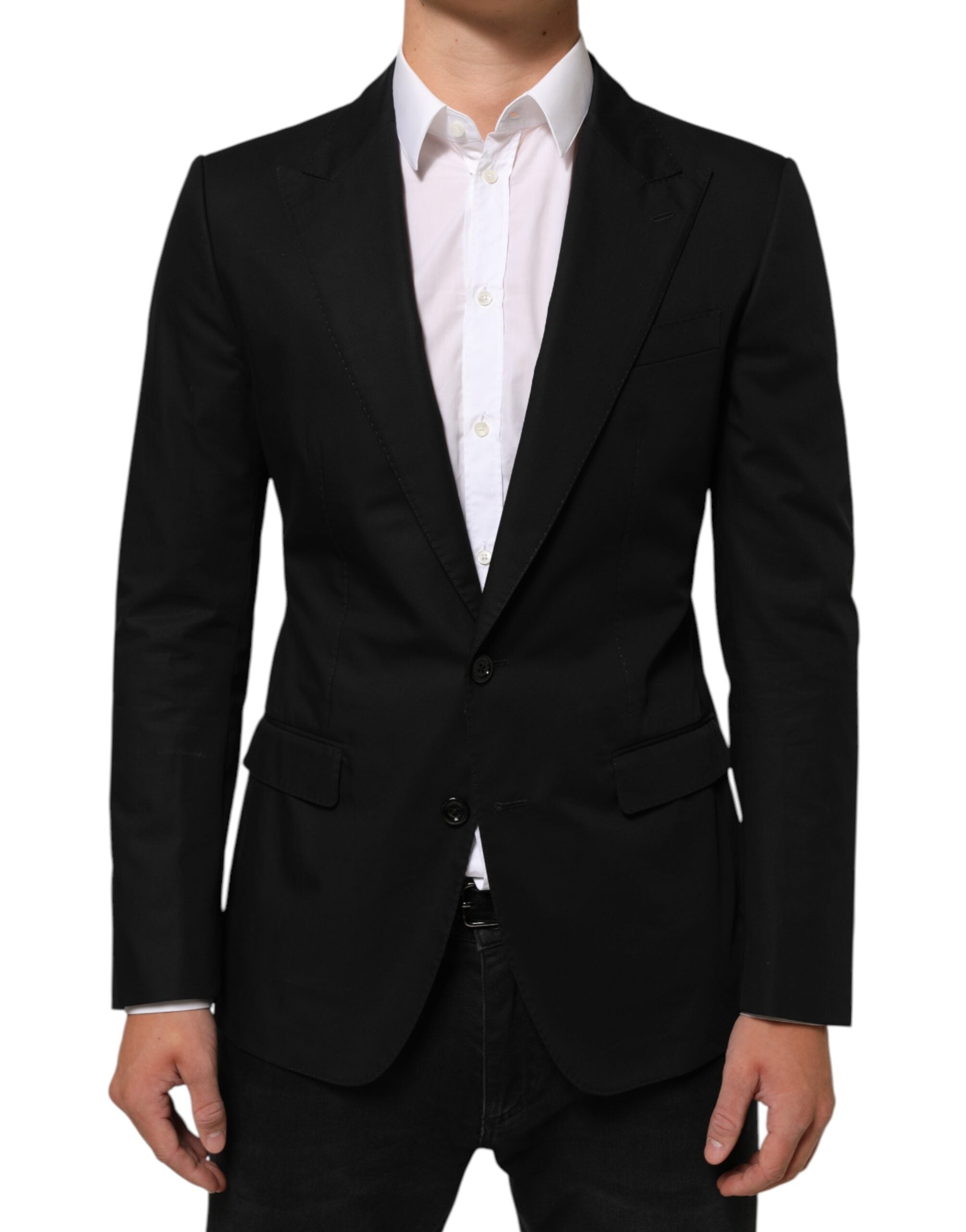 Veste blazer homme Dolce & Gabbana en laine noire à deux boutons, style élégant et classique, vue de face sur un fond neutre
