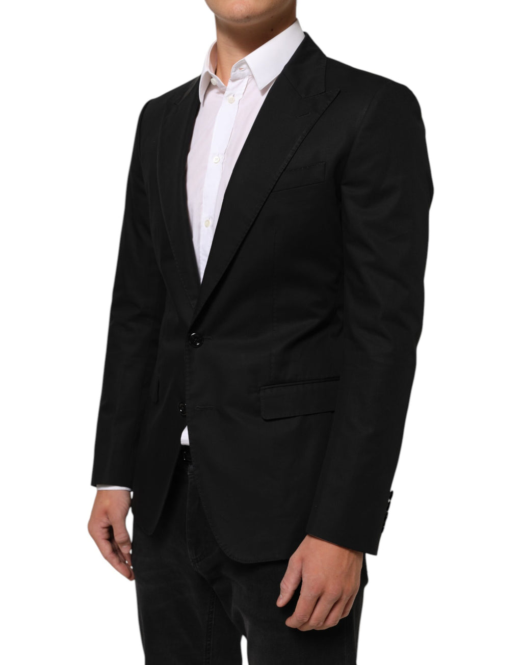Costume pour homme Dolce & Gabbana en laine noire avec deux boutons, veste blazer élégante et sophistiquée.