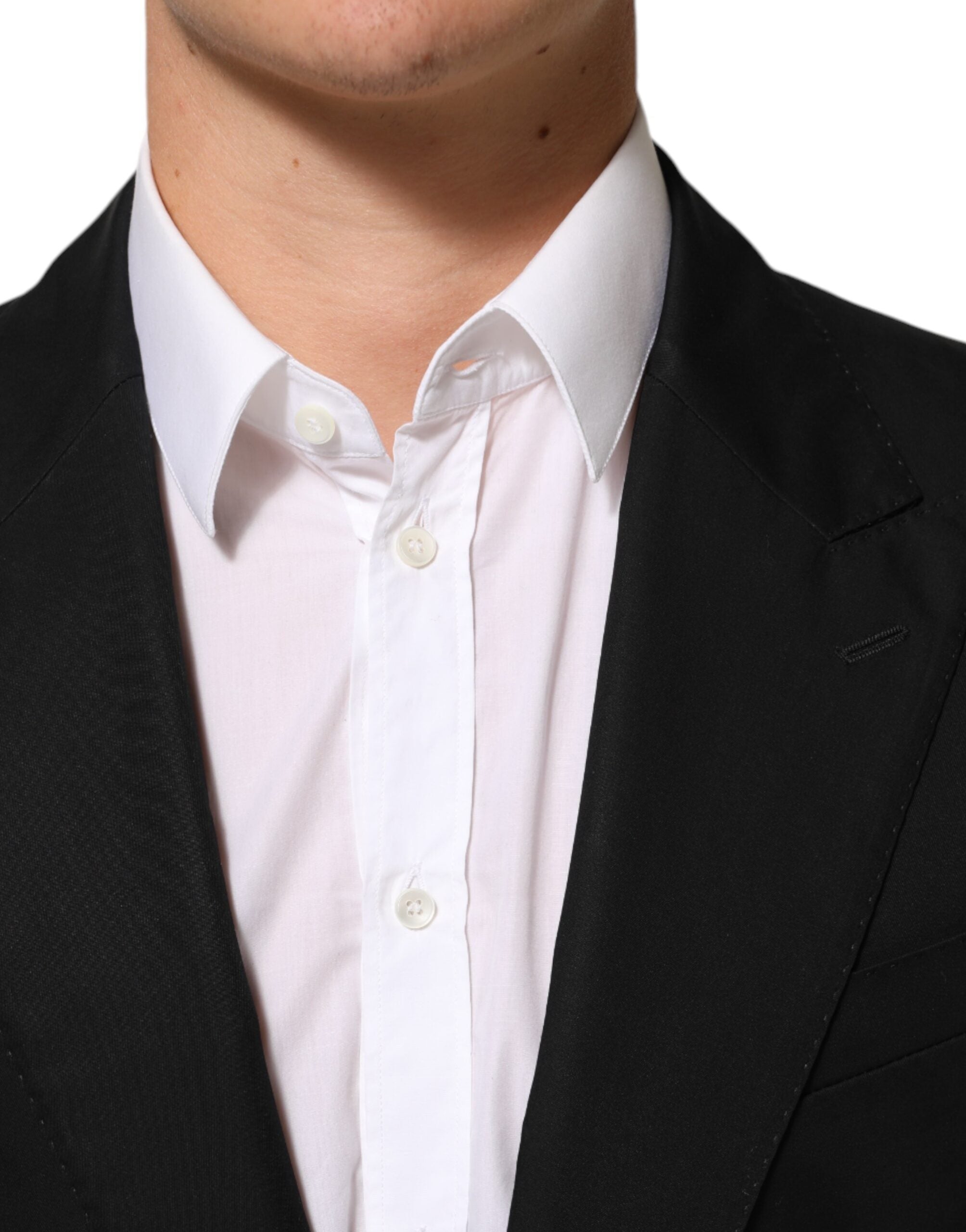 Costume homme Dolce & Gabbana en laine noire avec deux boutons, veste blazer élégante, visible sur l'image.